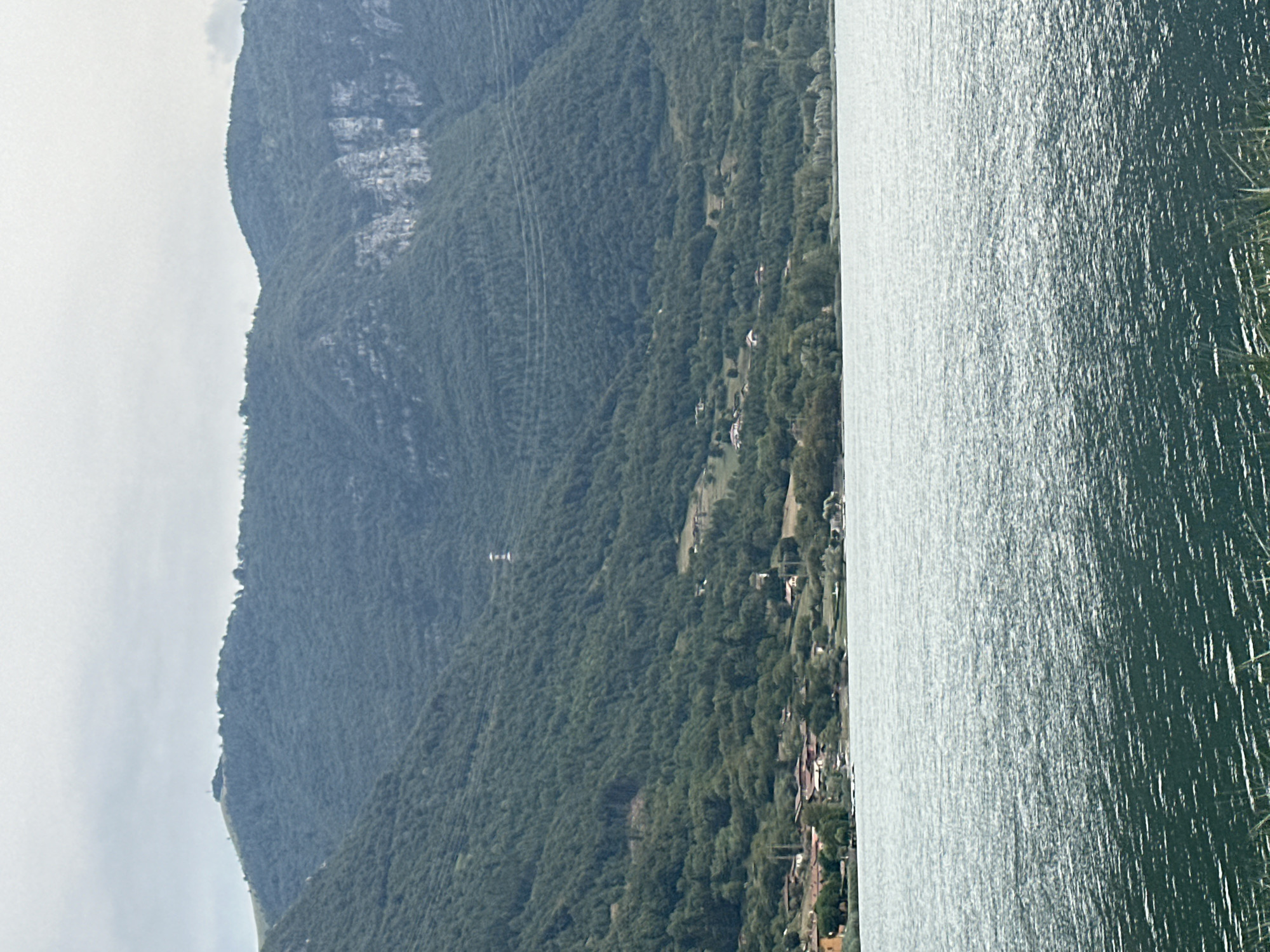 The image captures a serene landscape scene featuring a body of water in the foreground, likely Lake Endine, with a tree-covered mountain range dominating the background. The water's surface is rippled, reflecting the overcast sky. Along the base of the mountain, a small village with terracotta-tiled roofs is nestled amongst the trees. The mountain itself is densely forested, with patches of rock face visible on the right side. A transmission tower can be seen on the upper slope of the mountain. The overall impression is one of natural beauty and tranquility, characteristic of the Lombardy region in Italy, and specifically the area around Ranzanico. The sky is a uniform grey, suggesting a cloudy or overcast day. There are no people or animals visible in the scene.