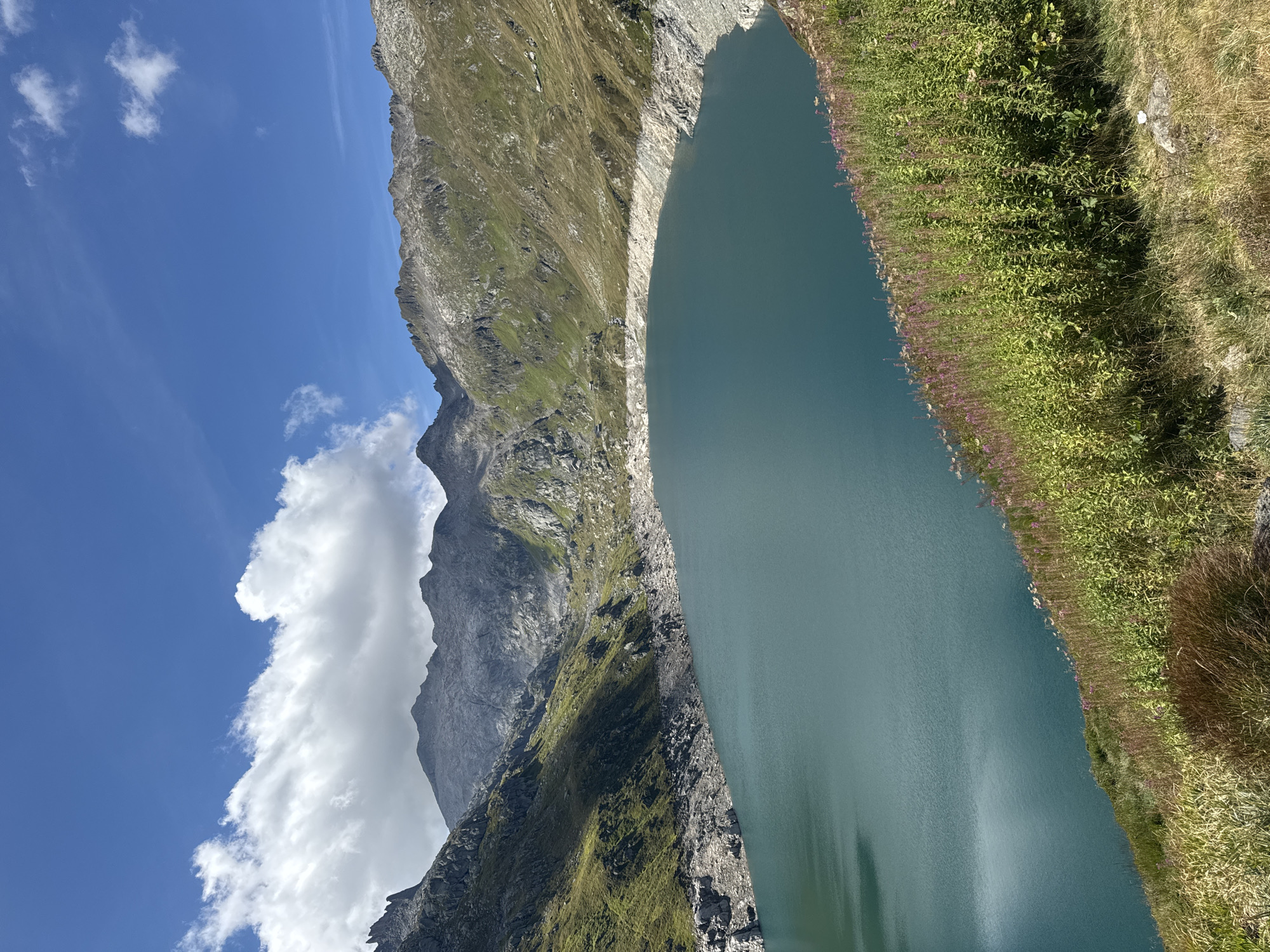 This image depicts a serene alpine lake nestled within a mountainous landscape under a bright blue sky with scattered white clouds. The lake, with its deep teal water, is a dominant feature, its surface gently rippled. Rocky shores, partially covered in scree, line the perimeter of the lake. The surrounding mountains are rugged and steep, with slopes covered in a mix of sparse vegetation, grasses, and exposed rock faces. Patches of green grass and wildflowers are visible on the lower slopes and foreground, adding a touch of color to the scene. The overall impression is one of natural beauty and tranquility. The location is identified as Airolo, Switzerland. There are no people or animals visible in the image, and no obvious man-made structures aside from what may be very distant, small buildings visible on the far mountainside.