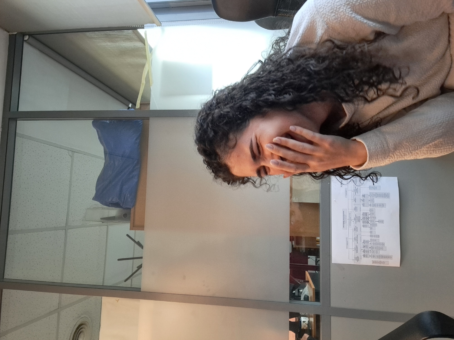 The image captures a candid moment of a young woman in what appears to be an office or workplace setting. The woman, with long, dark, curly hair, is wearing a light-colored, possibly beige or off-white, textured long-sleeved top. She is positioned facing towards the right of the frame, with her left hand covering a part of her face, extending from her mouth to her nose. Her eyes are visible, crinkling at the corners, suggesting she is laughing, smiling, or experiencing amusement or shyness.
In front of her, resting on a flat, grey surface that appears to be a desk or table, is a sheet of white paper. The paper displays a detailed diagram, likely a flow chart or an organizational structure, with numerous small text blocks and connecting lines. While the specific text is illegible due to the distance and resolution, its graphical nature is clear.
The background consists of a modern office environment characterized by glass partitions with metallic frames. Through the partition behind the woman, a blue object, possibly a covered item or a bag, is visible. Further in the background, another section of the office is discernible through the glass, showing acoustic ceiling tiles with small patterns and some indistinct office furniture or structures. The lighting suggests an indoor setting, likely illuminated by artificial lights, making the time of day indeterminate. The overall mood conveyed by the woman's expression is one of lightheartedness or a moment of personal reaction.
