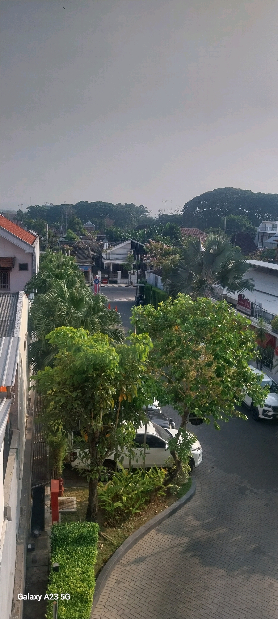 The image shows a street scene in Bojonegoro, Indonesia, likely taken from a slightly elevated position. The foreground is dominated by the side of a building with a corrugated metal roof and a white wall. To the right of the building is a paved walkway and a patch of green bushes.
Further into the scene, a street curves through a residential area. Several cars are parked along the street, including a white SUV and a white sedan. Lush green trees and palm trees are abundant throughout the area, providing shade and a tropical feel. Houses with various roof styles and colors are visible, nestled amongst the vegetation. In the background, a dense line of trees forms a horizon, with some taller trees suggesting a more natural landscape beyond the built-up area. The sky is overcast, indicating a cloudy day. The overall impression is a peaceful, suburban street in a tropical climate. A sign at the bottom left corner of the image reads "Galaxy A23 5G".