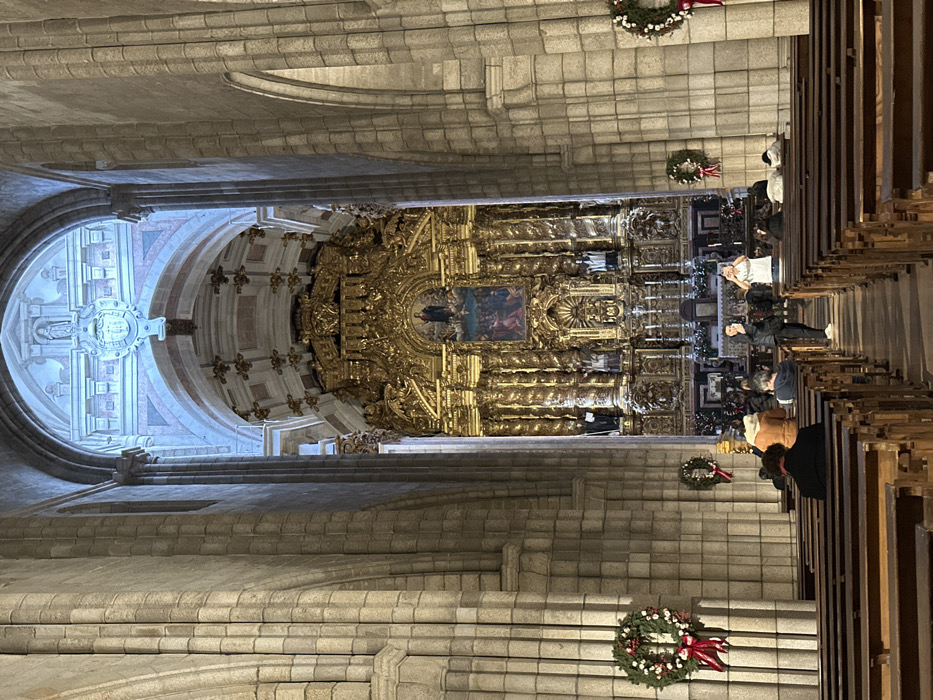 The image captures the interior of the Porto Cathedral (Sé do Porto) in Porto, Portugal, looking down the main nave towards the chancel. Tall, ribbed granite pillars line both sides of the central aisle, supporting vaulted ceilings and arches. Rows of dark wooden pews are arranged facing the ornate, gilded Baroque altarpiece at the far end. This elaborate altarpiece features multiple tiers of sculptures, columns, a central religious painting, and an altar table with several lit candles. Above the altarpiece, a large archway reveals a further vaulted section with a central statue, illuminated by a distinct cool blue light.
Approximately ten individuals are visible within the nave. Several are seated in the pews, mostly seen from behind. Two individuals stand in the central aisle; one person in a dark jacket is positioned closer to the altar, holding a smartphone and pointing it forward, seemingly taking a picture or video. Another individual in a light top stands further back in the aisle, with both hands raised, also appearing to photograph the scene. Two Christmas wreaths, adorned with red bows, are hung on the granite pillars in the foreground. The nave is moderately lit, contrasting with the brighter, bluish illumination of the upper chancel area.