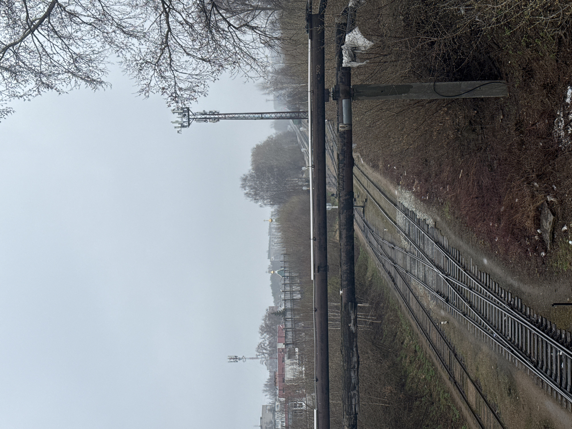 The image captures a bleak, overcast scene of a railway line running through an industrial-natural landscape, likely in late winter or early spring. In the foreground and midground, multiple railway tracks with wooden ties diverge and converge, suggesting a railway junction or siding. The ground adjacent to the tracks is covered in dirt and sparse, dry vegetation, with patches of what appears to be old snow or debris.
Dominating the right side of the midground is a robust utility pole with thick, dark cables running horizontally, parallel to the tracks. Parts of the cables and pole are wrapped in white, possibly protective, material. Closer to the center-left, a tall lattice-structure communication tower, equipped with multiple antennas, stands prominently amidst bare trees.
In the hazy distance, a town or city skyline is visible, characterized by low-rise buildings and numerous bare trees. Notably, several buildings feature distinctive golden domes, indicative of Russian Orthodox churches, aligning with the Chaikovsky, Russia, location context. Another, smaller communication tower is also visible in the left background.
The sky is a uniform, light grey, heavily overcast, contributing to the muted and somber atmosphere of the photograph. Bare tree branches, devoid of leaves, frame the top of the image. No people or specific activities are visible, presenting a static environmental portrait. On the main utility pole, faded white vertical text "202" is faintly discernible.