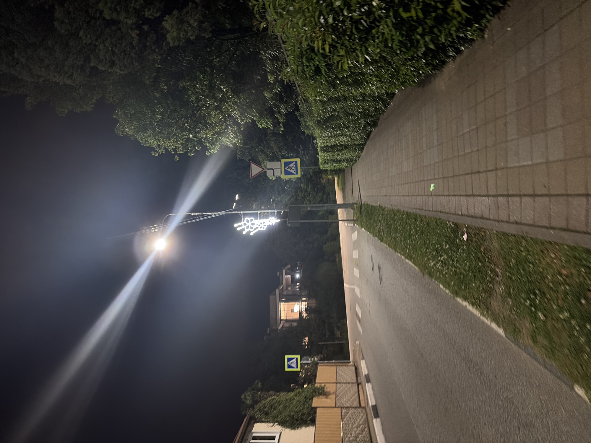 The image depicts a nighttime scene on a street in Sochi, Russia. A paved road curves to the left, with a pedestrian sidewalk running along the right side of the image. A well-maintained green hedge forms a border along the right side of the sidewalk. In the distance, a large, modern house is visible, illuminated from within. Streetlights illuminate the scene, casting long beams of light across the dark sky. Traffic signs, including a pedestrian crossing sign, are visible along the roadside. A nearby building with a light-colored facade and a wooden fence suggests a residential area. The overall impression is one of a quiet, well-kept urban environment at night.