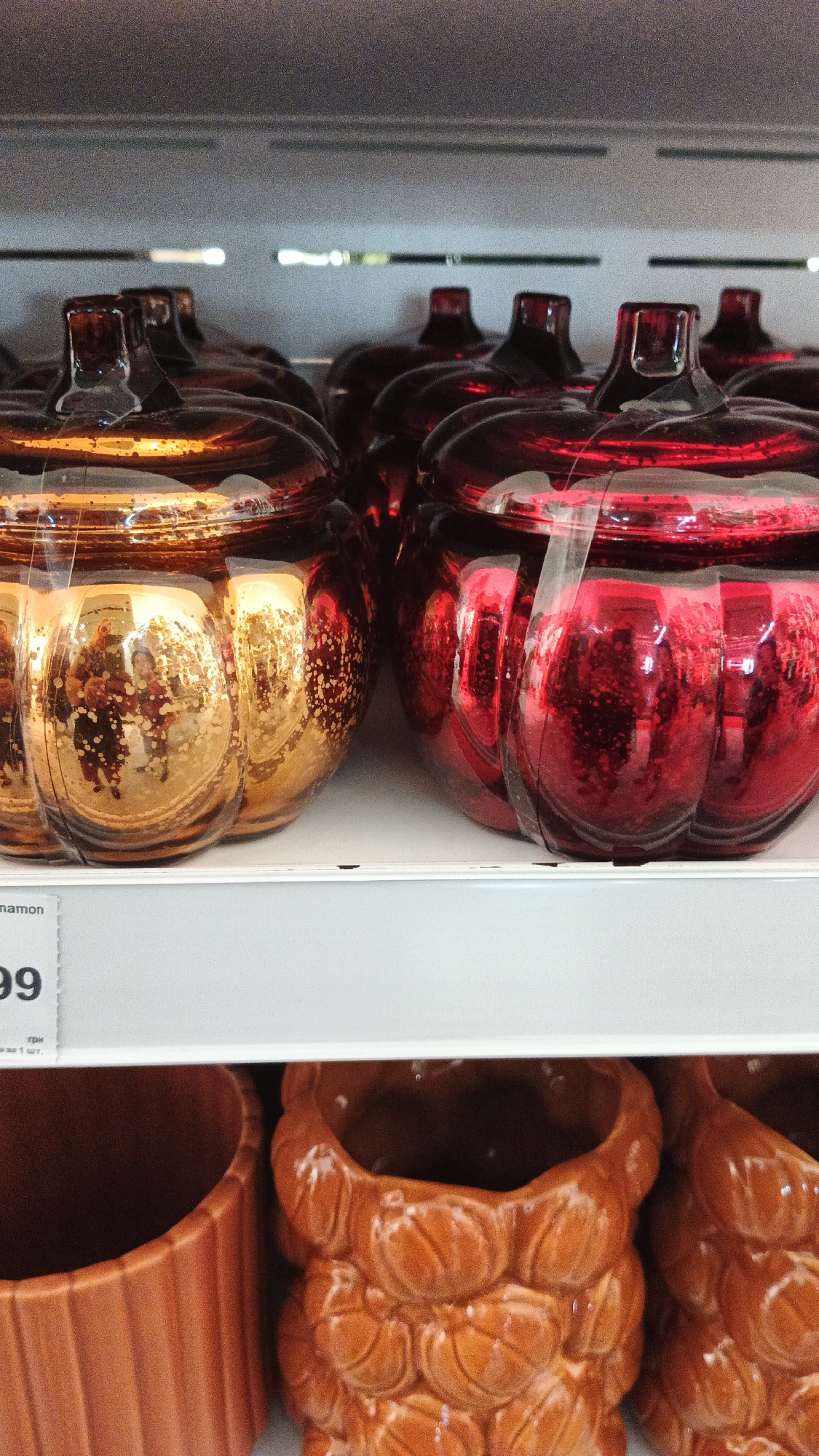 The image shows a retail display shelf at a store in Kryvyi Rih, Ukraine. On the top shelf are several decorative glass pumpkin-shaped containers, some in a gold metallic finish and others in a deep red metallic finish. They are covered in plastic wrap. Below, a price tag is partially visible with "namon" and "99" printed on it, suggesting a price. The bottom shelf displays two terracotta-colored ceramic planters. The planter on the left is cylindrical with vertical ribbing. The planter on the right is shaped like a cluster of acorns or large nuts with a textured surface. The overall lighting suggests an indoor retail environment.