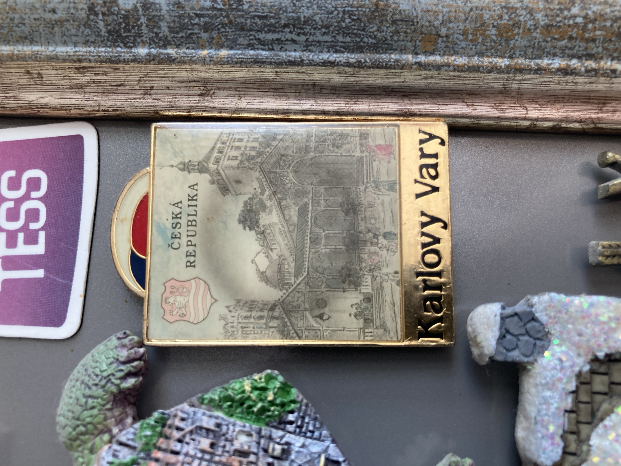 A souvenir magnet depicting an illustration of a building and the text "ČESKÁ REPUBLIKA" and "Karlovy Vary" is affixed to a gray surface. The building appears to be an ornate structure with a tower and arches. Below the illustration, the text "Karlovy Vary" is visible in a golden banner. To the left of the magnet, another souvenir is partially visible, featuring a textured green and purple object that resembles a landscape element, possibly a tree or hill. Above the main magnet, a purple sticker with the word "TESS" in white letters is also attached to the surface. To the right of the main magnet, a section of a picture frame with a textured, patterned surface is visible. The background is a neutral gray.