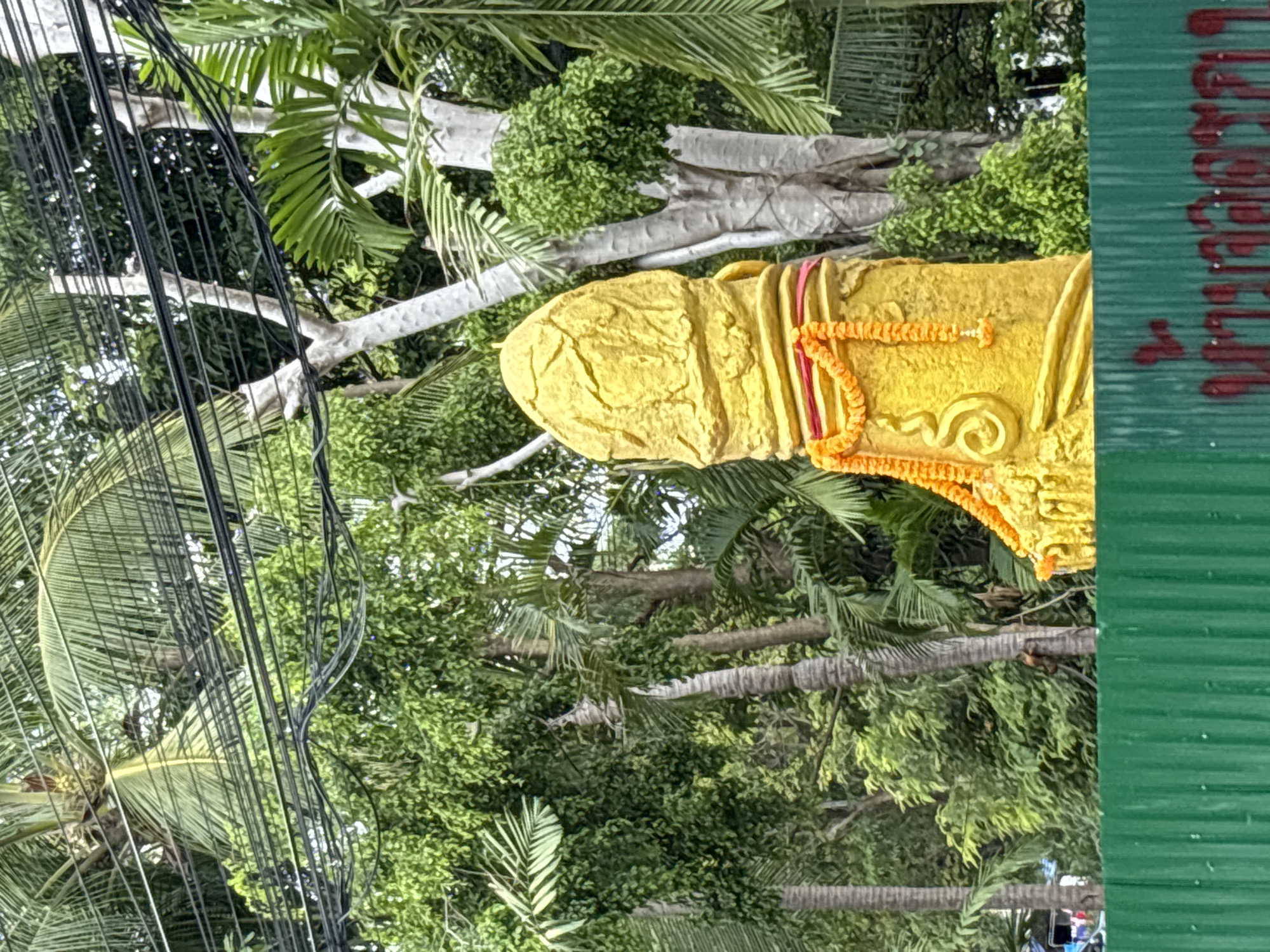 The image shows a yellow, phallus-shaped statue decorated with orange and red garlands. The statue stands amidst lush tropical vegetation, including palm trees and other leafy plants. Overhead, a tangle of black power lines obscures the view of the sky. To the right of the statue, part of a green corrugated wall with red Thai script is visible. The location is likely in the city of บ้านบางรักษ์, Thailand.