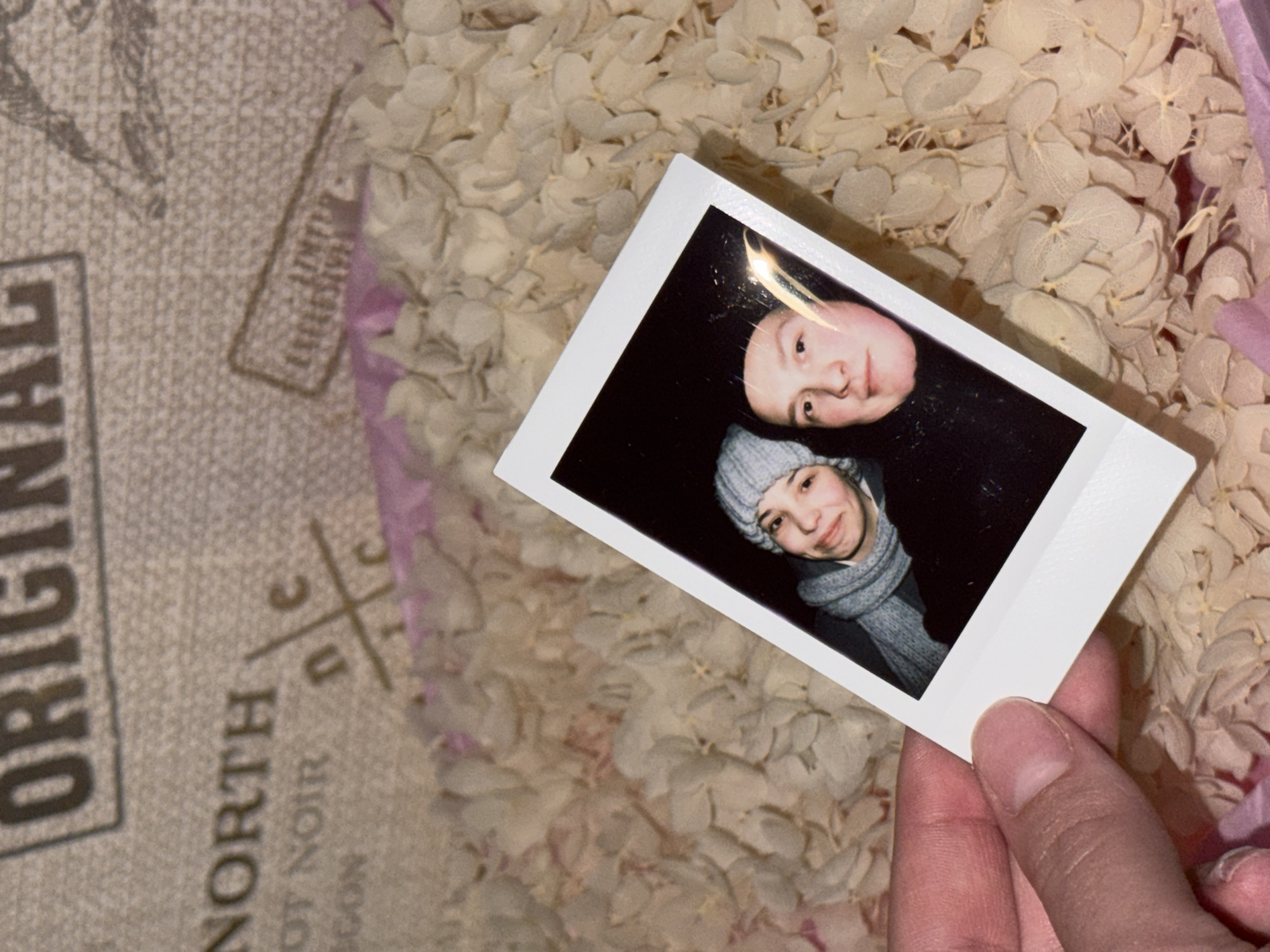 A person's hand holds a Polaroid photograph in front of a backdrop consisting of dried flowers and a partially visible textile bag. The Polaroid depicts two individuals: one is wearing a hat and scarf, while the other is dressed in black. The textile bag displays the word "ORIGINAL" in bold, uppercase letters, along with "NORTH" and the phrase "OT NOIR." The context of Chaikovsky, Russia, is not directly evident from the image.