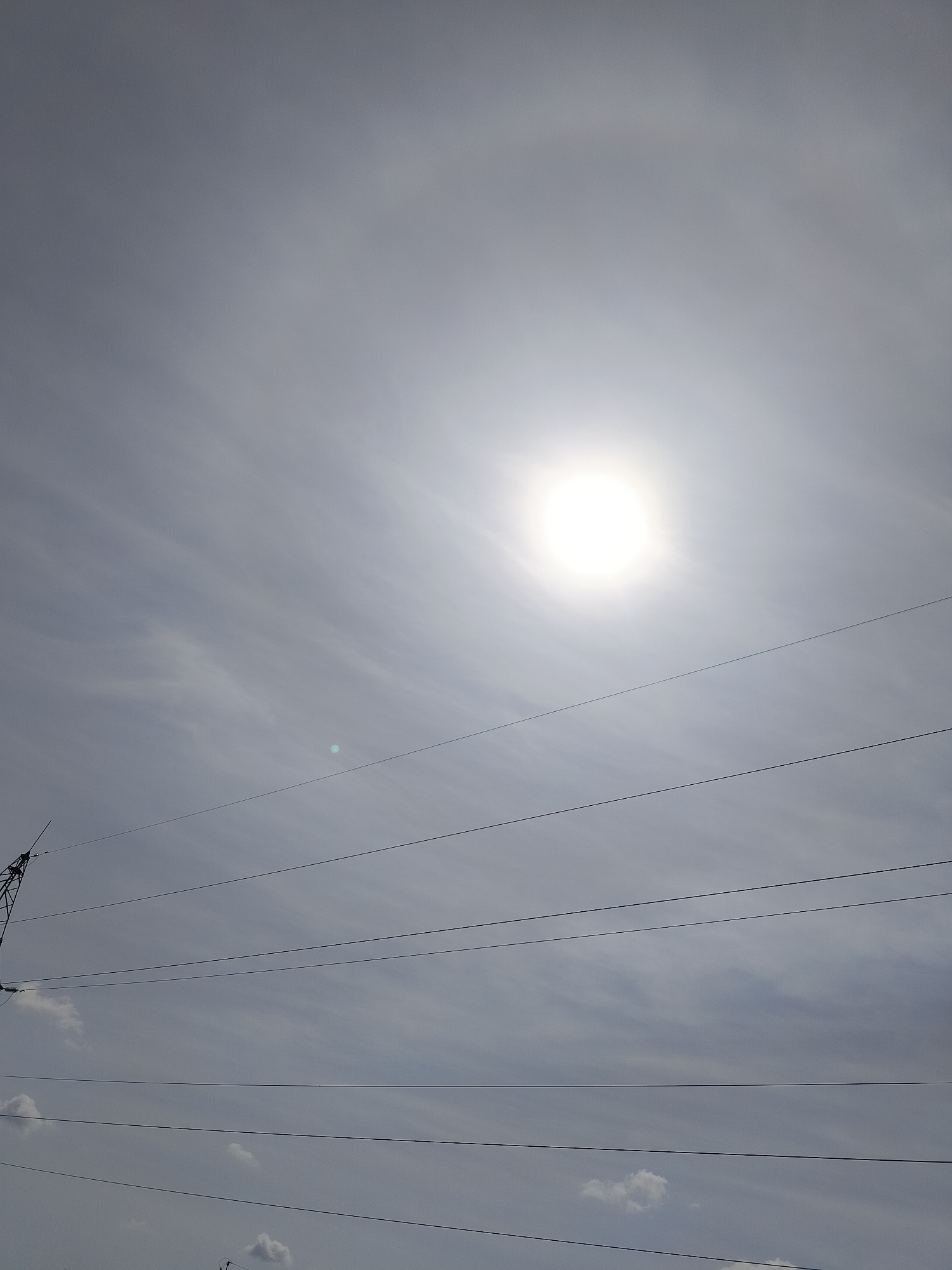 The image shows a sky with thin clouds and the sun at the center, creating a bright glare. A halo-like ring surrounds the sun. Several power lines run horizontally across the lower half of the image, with a utility pole visible on the left edge. Small clouds are scattered in the lower portion of the frame. The image was taken during the day in Chaikovsky, Russia.