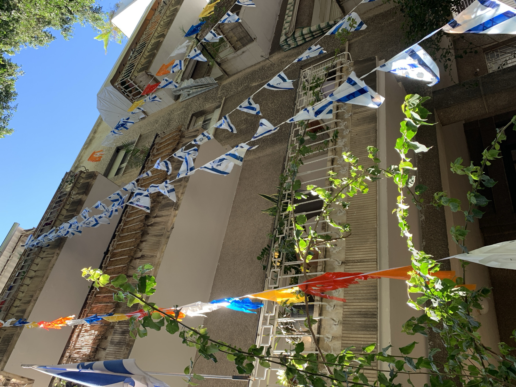 The image captures an upward view of a narrow street or alleyway in Tel Aviv, Israel, adorned with numerous flags and decorative garlands under a clear blue sky. The perspective looks up towards the facades of several multi-story buildings, characteristic of older urban architecture.
Strewn across the street at various heights are extensive garlands of small Israeli flags. These flags feature a blue Star of David centered between two horizontal blue stripes on a white background. Their sheer number and arrangement suggest a festive or celebratory occasion, likely a national holiday such as Yom Ha'atzmaut (Independence Day). Below these, another set of garlands made of colorful, translucent plastic or paper flags in red, orange, yellow, blue, and white adds to the festive atmosphere.
The buildings framing the view have multiple windows, some with protective grates or decorative railings on balconies. The facades exhibit varying textures, suggesting different materials or ages, with some appearing weathered. Green foliage from trees, vines, and potted plants spills from balconies and the upper edges of the frame, providing a natural contrast to the urban setting and bright sunlight.
The bright illumination, sharp shadows, and clear blue sky indicate a sunny daytime setting, likely mid-morning or early afternoon. No discernible text is visible on the buildings or flags, other than the symbolic Star of David on the Israeli flags. The overall mood is celebratory and bright.