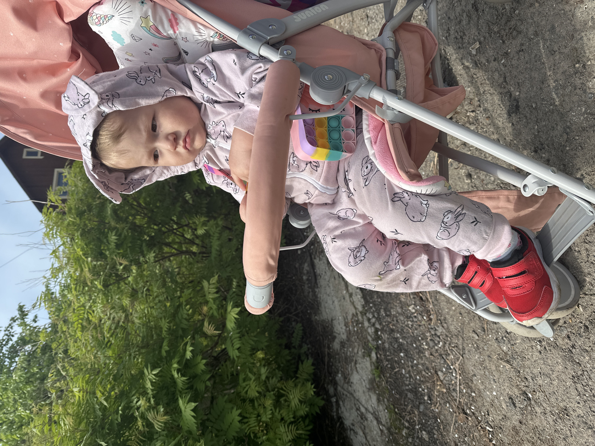 A baby sits in a pink stroller with a gray frame. The baby wears a pink patterned onesie with a hood, and red shoes. A colorful toy is attached to the stroller. The background shows green foliage and a partially visible building. The location is Nizhny Novgorod, Russia.