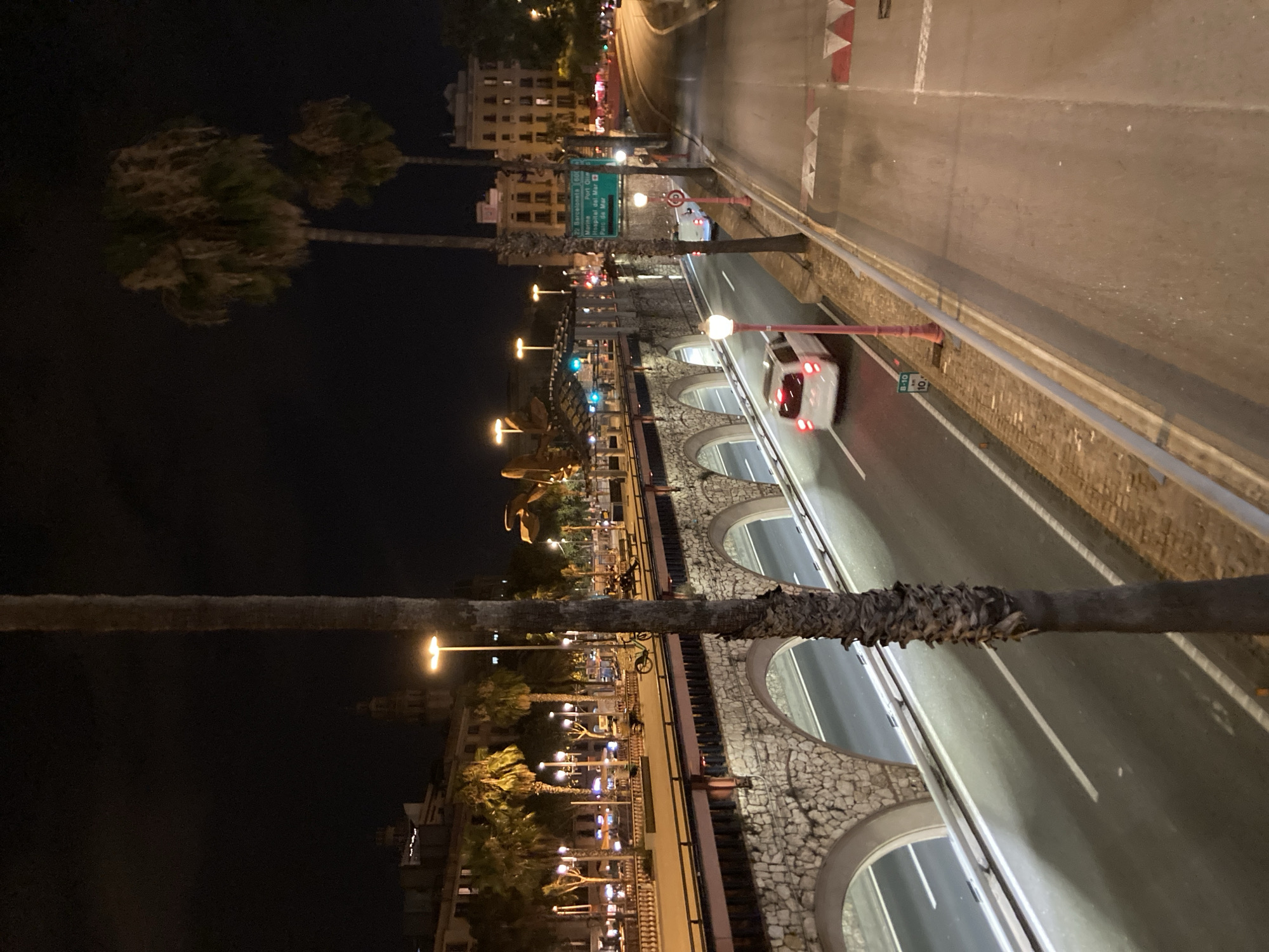 The image depicts a street scene at night in Barcelona, Spain, likely near the Port Olímpic area given the signage visible. In the foreground, a palm tree trunk is prominent on the right, with another on the left partially obscuring a multi-lane road running beneath a stone arch bridge. The bridge features arched openings and is illuminated from below by lights.
Vehicles are present on the road. A white van is driving in the left lane, and another vehicle is visible further down the road. The road itself is well-lit by streetlights. Along the top of the bridge, a promenade or walkway is visible with palm trees, street lamps, benches, and some parked bicycles. Buildings, also illuminated, line the background. A green directional signpost indicates destinations such as "Barcelona," "Port Olímpic," and "Hospital del Mar." The overall atmosphere is urban and nocturnal.