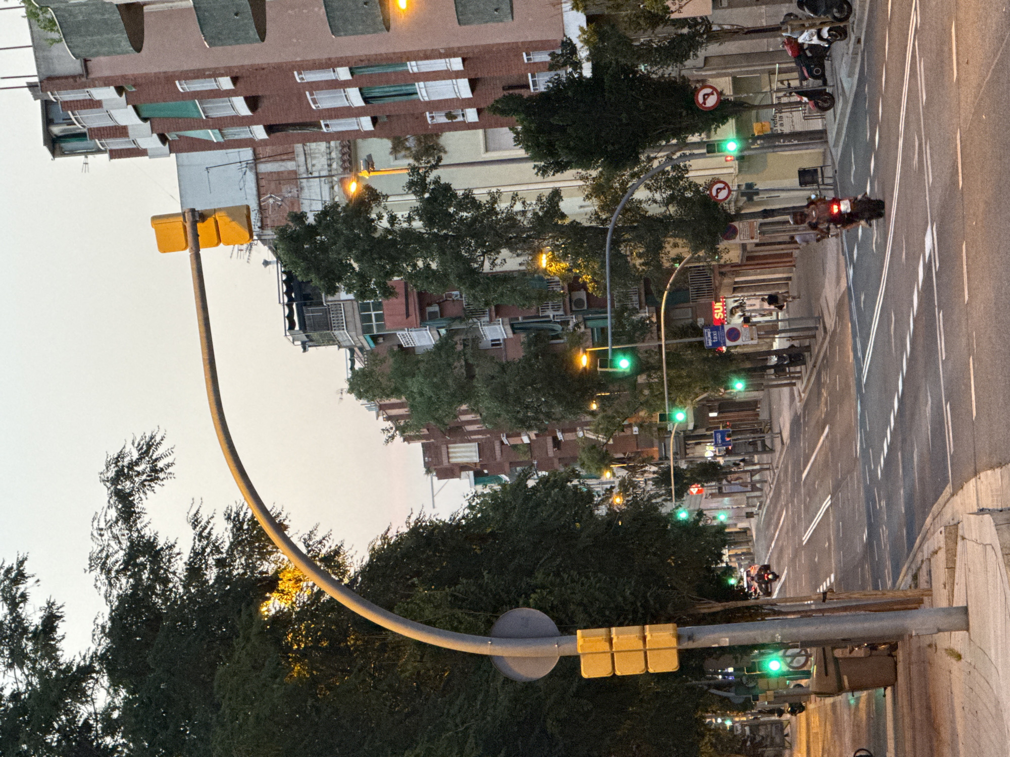The image depicts a street scene in Barcelona, Spain, during what appears to be dusk or early evening. A traffic light with a yellow signal is visible on the left, suspended from a curved pole. A large, dark green tree with dense foliage is positioned to the left of the traffic light and pole. Beyond the trees, multi-story buildings with balconies and windows line the street.
The street itself is paved, with lane markings visible. Several traffic lights are present along the street, with some showing a green signal. A motorcycle with a rider is in motion on the right side of the street, heading away from the viewer. Several parked motorcycles and scooters are visible on the right sidewalk. A trash receptacle is present on the left sidewalk near the traffic light pole. The sky is a pale, hazy color, suggesting either an overcast day or twilight conditions. The overall atmosphere is that of an urban environment with moderate activity.