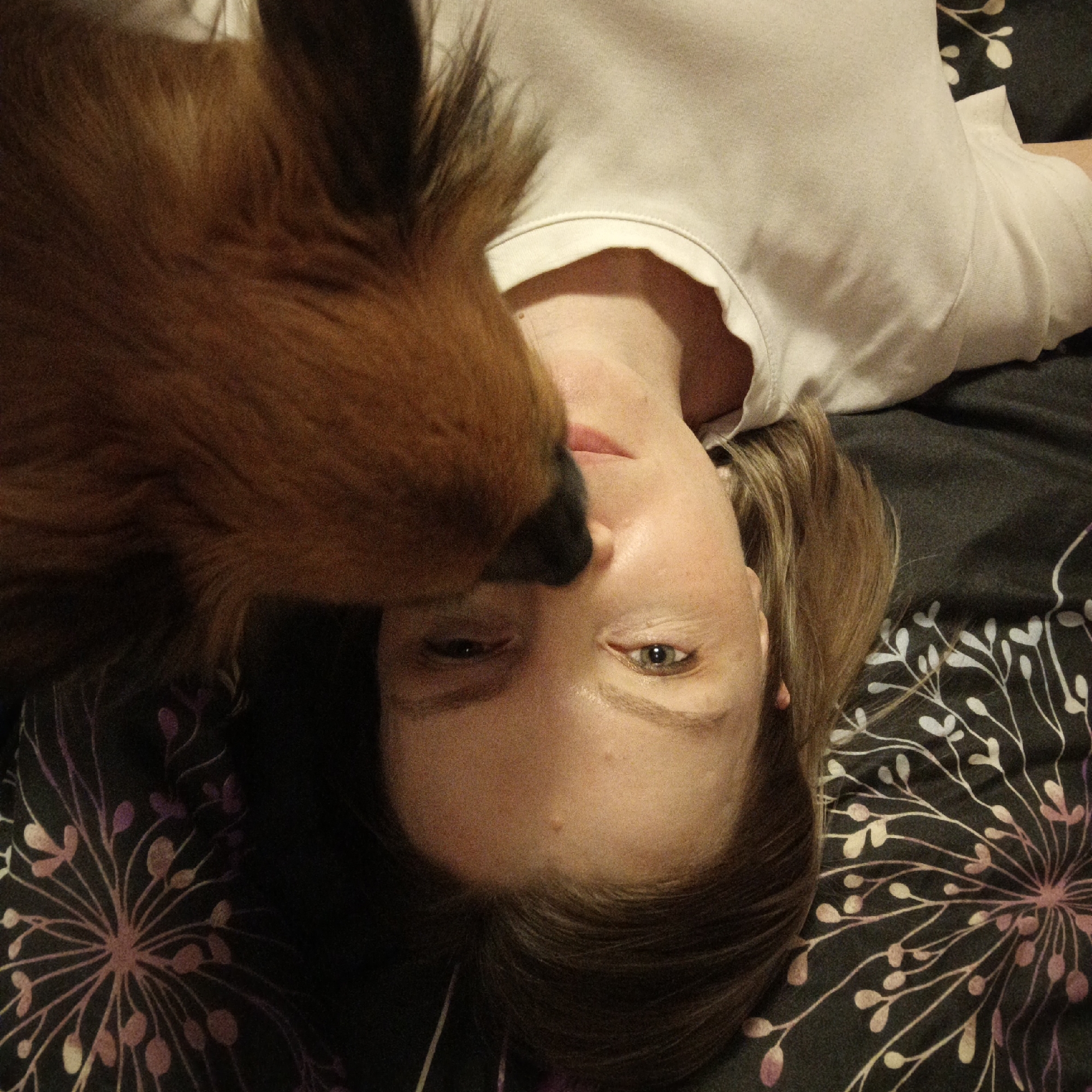 A woman is lying on her back on a black bedspread patterned with stylized white and pink flowers. A brown dog's head is next to her face, appearing to nuzzle her nose. The woman is wearing a light-colored t-shirt and has blonde hair. The photo is taken from above, possibly a selfie. There is no information to indicate that the location is in the city of Chaikovsky, Russia.