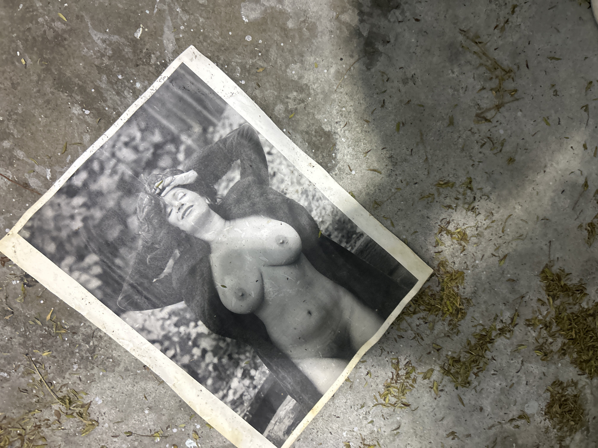 A black and white photograph of a nude woman lies on a mottled, concrete surface scattered with dry, yellow leaves and debris. The photograph, which has a white border, is oriented at a diagonal. The woman in the photo is lying on her side, partially supported by a chair or bench, with one arm raised and her hand touching her head. The location is impossible to discern.