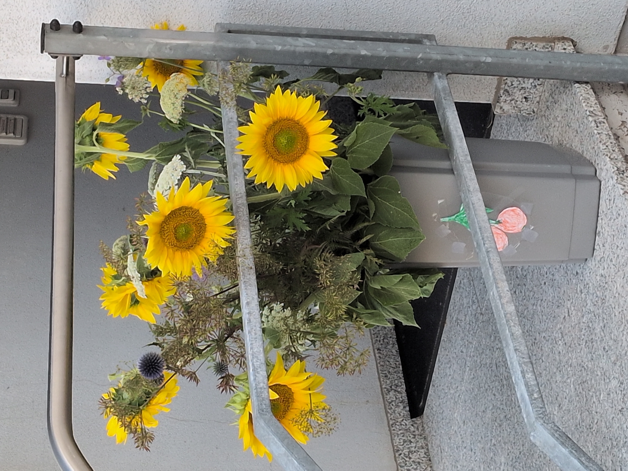 A bouquet of sunflowers and other wildflowers is displayed in a grey planter on a textured grey stone step, with a metal railing in the foreground and to the right. The planter is decorated with a drawing of two pink cherries and a green stem. The background consists of a light grey wall with some building elements. The scene appears to be outdoors, possibly in front of a building. The image is taken at eye-level, with the focus on the floral arrangement and the surrounding architectural elements. There are no people visible in the image. The lighting suggests it is daytime. The location is identified as Rastenberg, Germany.