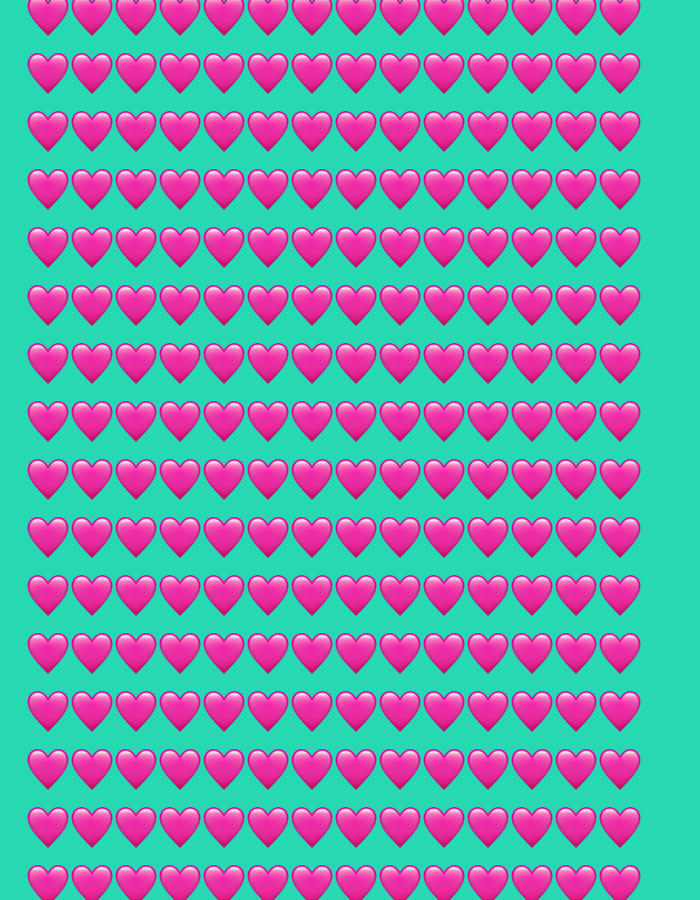 The image displays a grid of pink heart emojis against a teal background. There are 15 rows and 20 columns of heart emojis, totaling 300 hearts. The hearts are uniformly spaced and oriented. The image does not depict any scene in Rakhya, Russia, or any other geographical location. It is a digital composition of emojis.