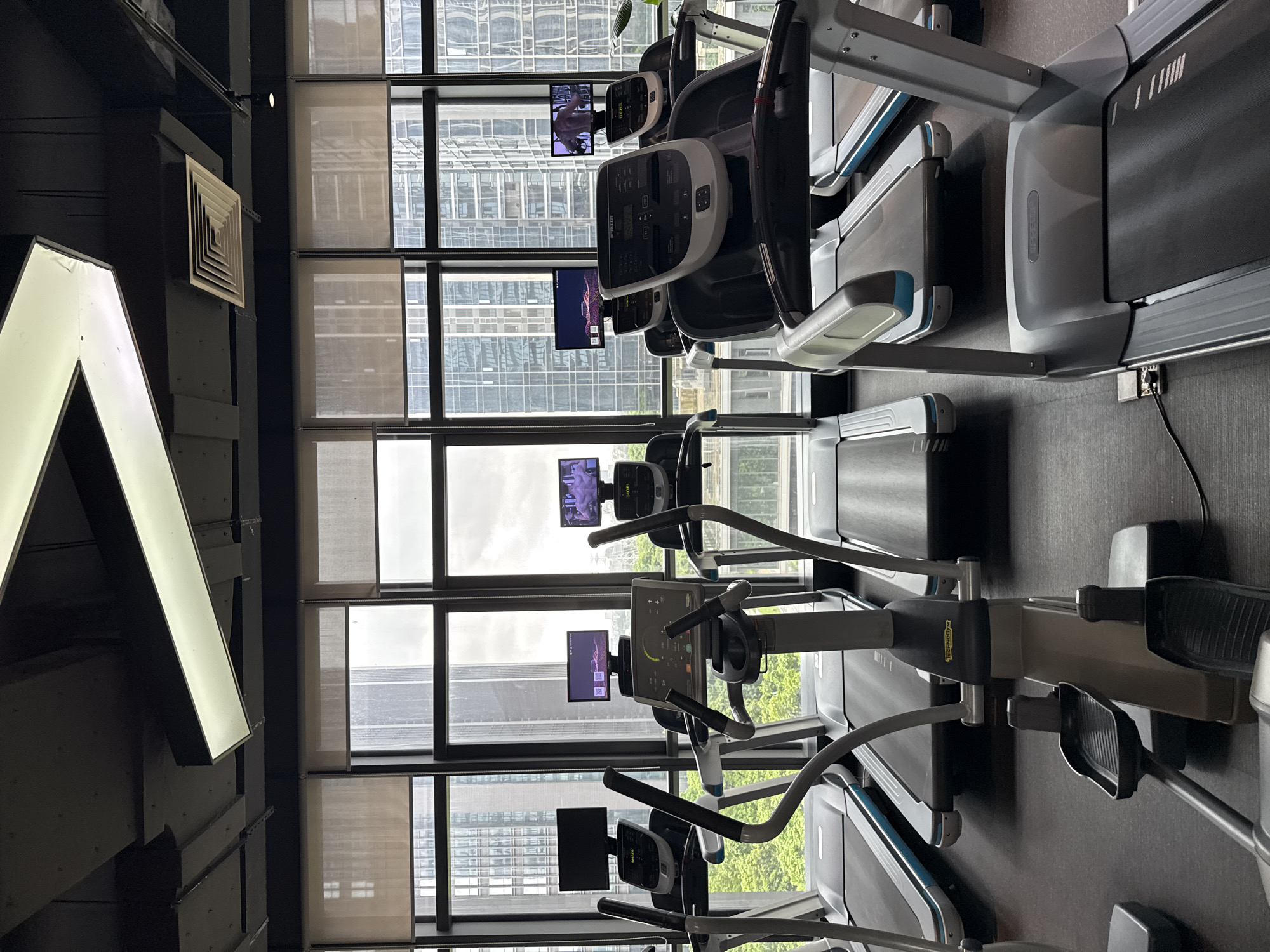 A row of treadmills and elliptical machines are arranged in a gym. The machines are facing a large window with a view of skyscrapers and lush green trees. The treadmills have black treadmills and grey frames, with consoles displaying various workout data and digital images. Some of the consoles on the treadmills show images of people exercising. The elliptical machines are also grey with black foot pedals. In the background, large windows reveal a cityscape, suggesting an urban location. The ceiling features modern lighting fixtures and ventilation systems. The floor is dark and appears to be a rubberized gym mat. The overall impression is a well-equipped, modern fitness facility within a city.