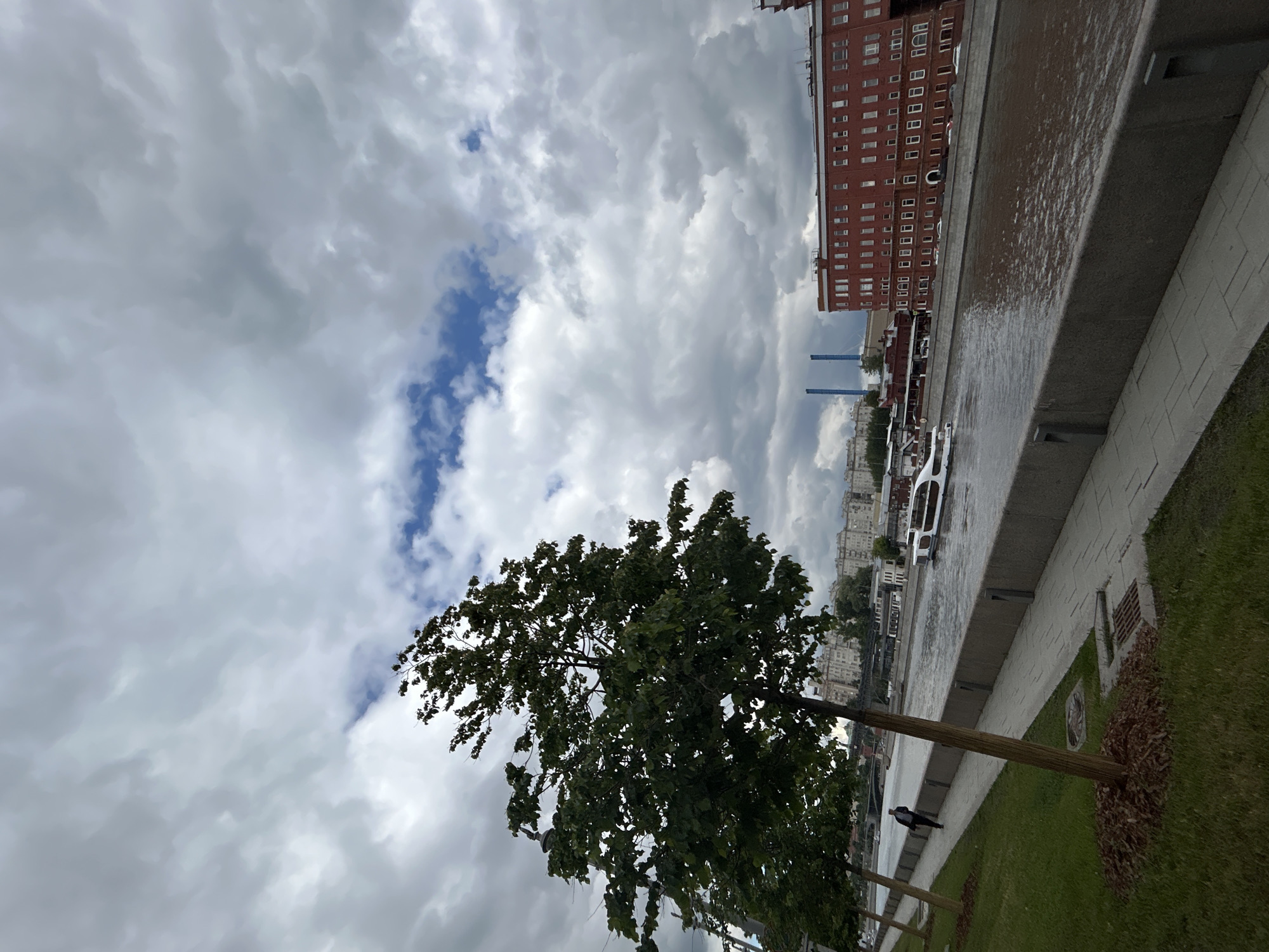 A landscape image shows an urban scene under a cloudy sky. In the foreground, there is a tree, its leaves lush and green, obscuring a clear view of the background. A building with many windows is visible in the middleground. Alongside the building is a long gray wall, possibly a canal or river edge, with water trickling down the wall. A person is walking along the path beside the gray wall. The sky above is mostly covered with heavy, dark clouds, though there is a sliver of blue sky peeking through.