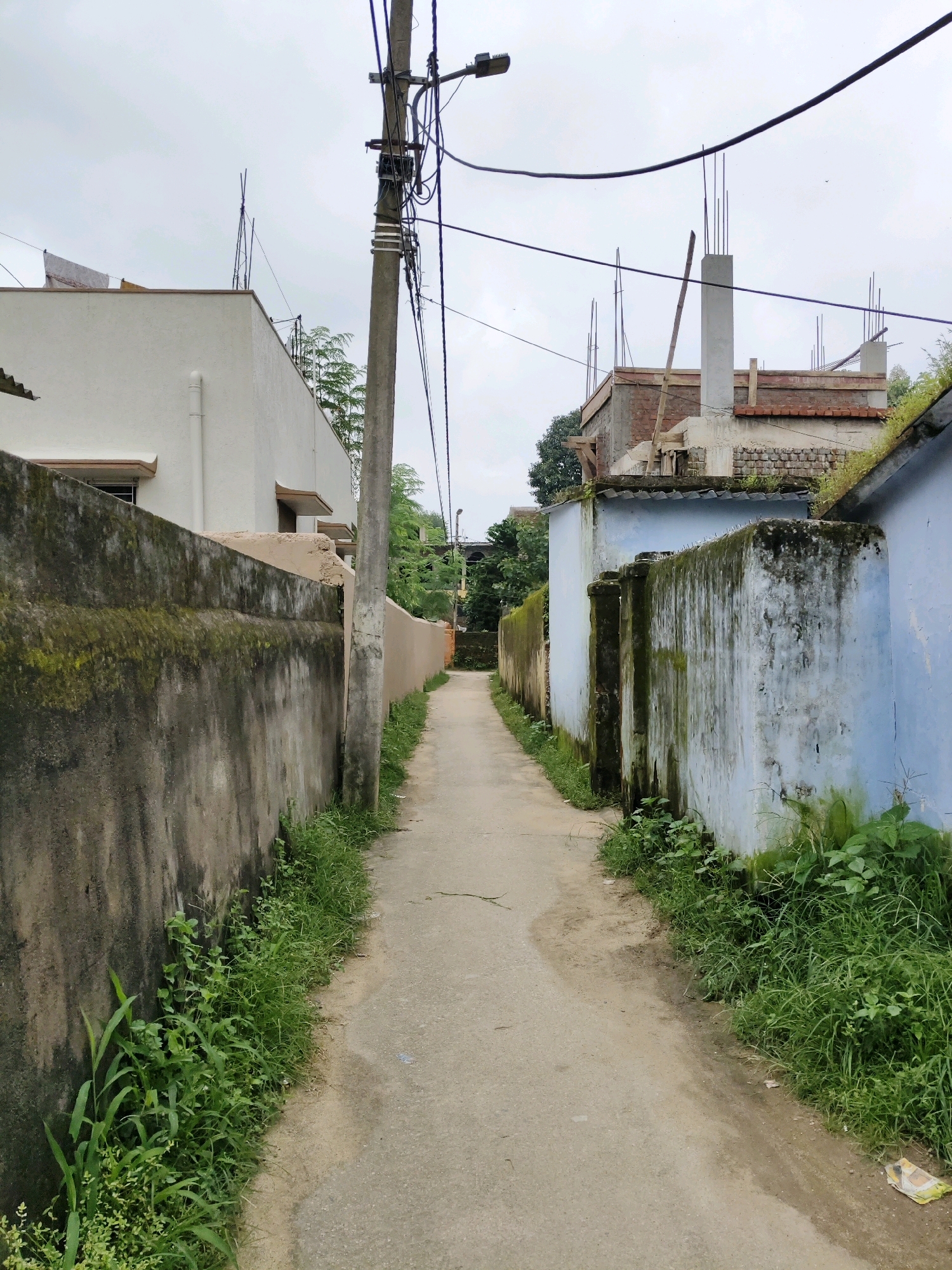 This is a daytime, eye-level, vertical, full-shot photograph of a narrow, paved alleyway in Ranchi, India. The alley is flanked by walls on both sides. On the left, a weathered, gray concrete wall, partially covered in green moss and lichen, runs along the alley. Adjacent to this wall, on the far left of the frame, is a light-colored building with a white facade and an overhanging eave. On the right, a lighter blue, painted wall, also showing signs of weathering and moss, stands. Beyond this blue wall, there are glimpses of buildings under construction with exposed brickwork and scaffolding, as well as trees and vegetation. A utility pole with numerous wires is positioned on the right side of the alley, closer to the viewer. The ground of the alley is a light-colored asphalt or concrete path with some patches of dirt and scattered green grass and weeds growing along the edges of the walls. The sky is overcast and appears white, suggesting a cloudy or hazy day. There are no people or animals visible in the image. The scene depicts a residential or semi-urban environment with signs of both established structures and ongoing construction.