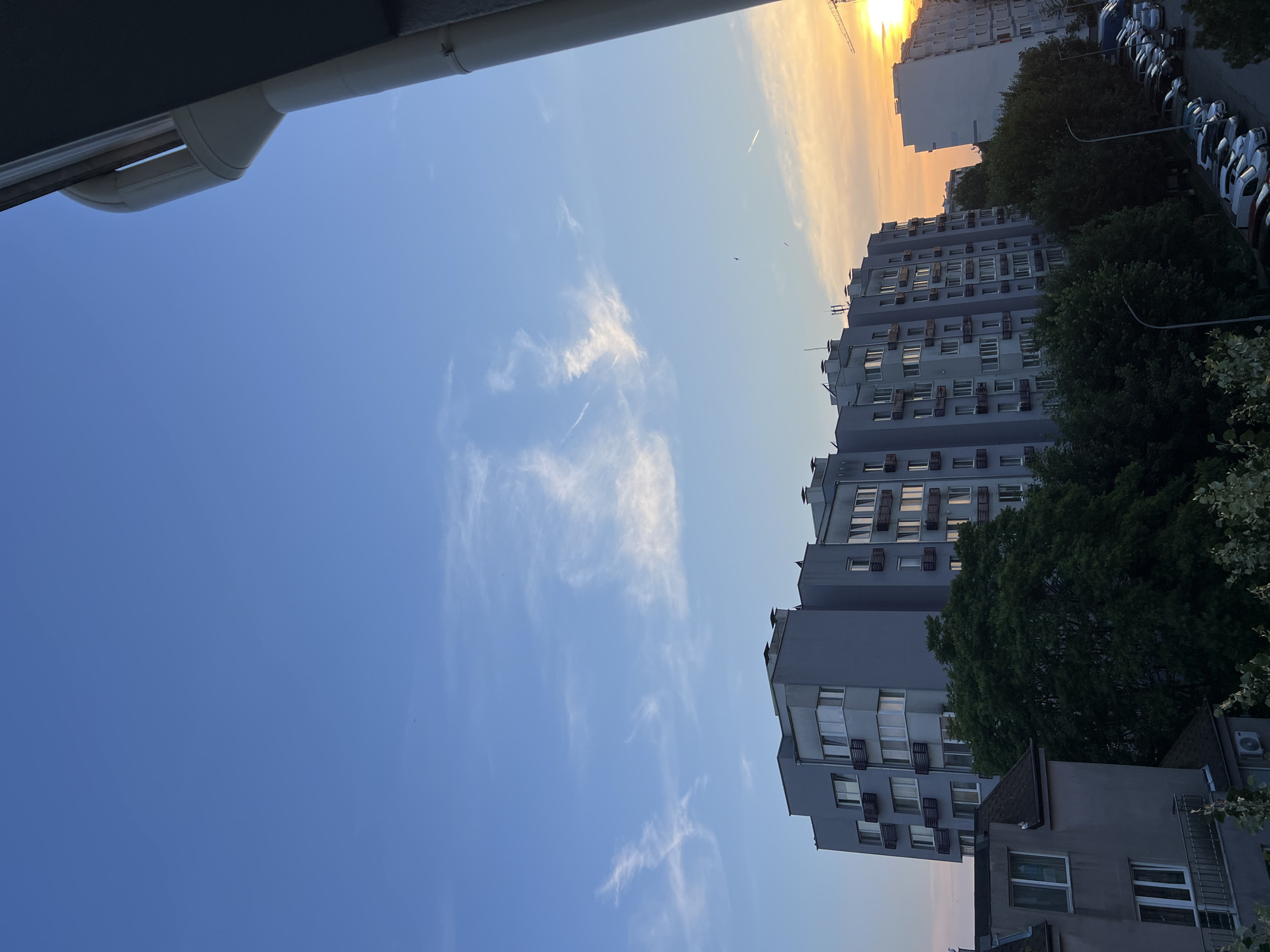 The image depicts an elevated view of a residential urban landscape at sunset in Burgas, Bulgaria. The sky transitions from deep blue overhead to a bright orange-yellow near the horizon on the right, indicating the setting sun. Scattered white, wispy clouds are visible, along with multiple small, dark avian forms and a distinct white airplane contrail in the upper right-mid quadrant.
In the midground, a prominent, multi-story (approximately eight visible floors) apartment building, predominantly grey in color, features numerous rectangular windows and recessed balconies with dark, slatted railings. To the left of this structure, a smaller, lighter grey building is partially visible. On the far right, another tall, light-colored apartment building is illuminated by the sunset, with a construction crane partially visible behind it. The architecture of these buildings is characteristic of post-socialist era residential construction prevalent in Eastern European cities like Burgas.
Dense canopies of dark green deciduous trees occupy the midground and foreground, partially obscuring the lower levels of the buildings and a street below. Lighter green foliage is visible at the very bottom of the frame. An asphalt street, lined with numerous parked vehicles (cars and vans of various makes and models), is visible in the lower right quadrant, accompanied by streetlights. In the immediate foreground, a white, curved architectural element, likely part of a balcony column or drainage pipe, extends vertically from the upper right corner, adjacent to a dark, flat overhang. No human figures are explicitly visible.