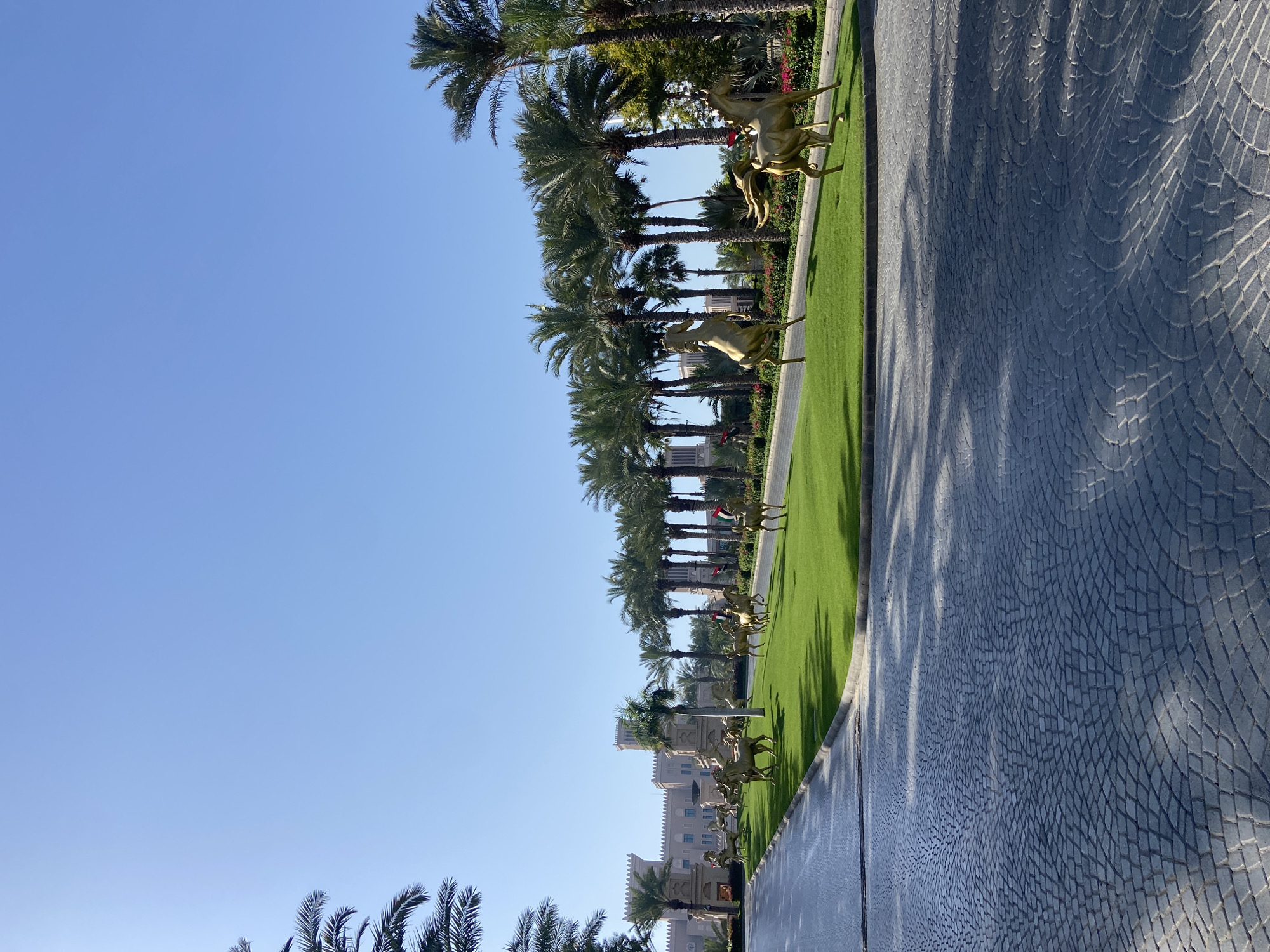 A landscape photograph depicts a row of golden horse statues lining a green lawn, with palm trees in the background and a building facade visible in the distance. The paving stones that form the walkway are of a gray hue. The scene is situated in Dubai, United Arab Emirates, judging from the architectural style and foliage.