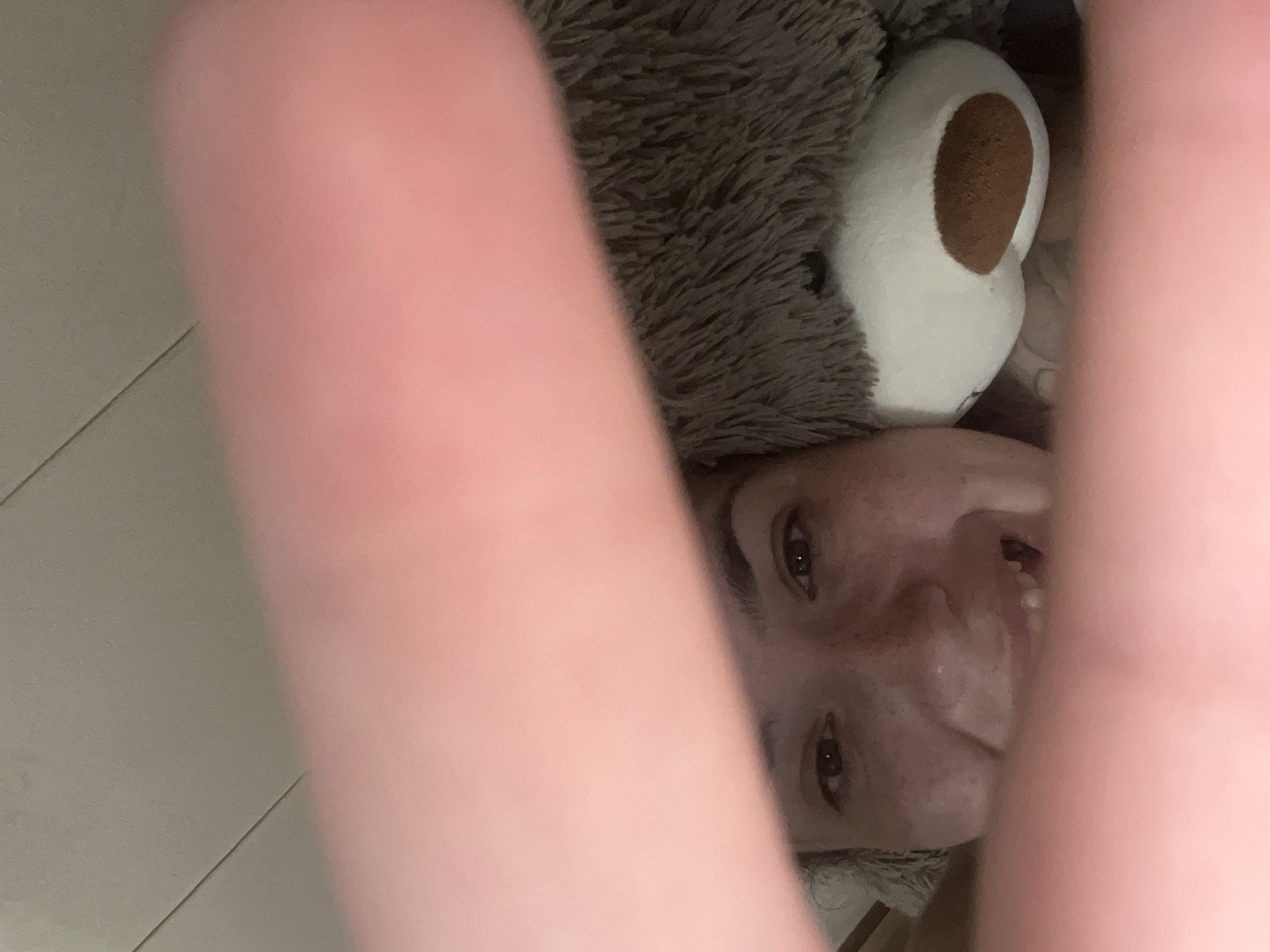 The image shows a close-up view of a person's face, partially obscured by a large, pink, out-of-focus object, likely a finger or hand. The person has brown eyes and freckles. To the right of the person's face, a portion of a large, grey, stuffed animal, resembling a bear, is visible, with its white snout and brown nose in focus. The background consists of a grey, textured surface that appears to be a ceiling. The scene is indoors, with soft, ambient lighting. There is no information in the image to suggest it is located in Krasnyye Barrikady, Russia.