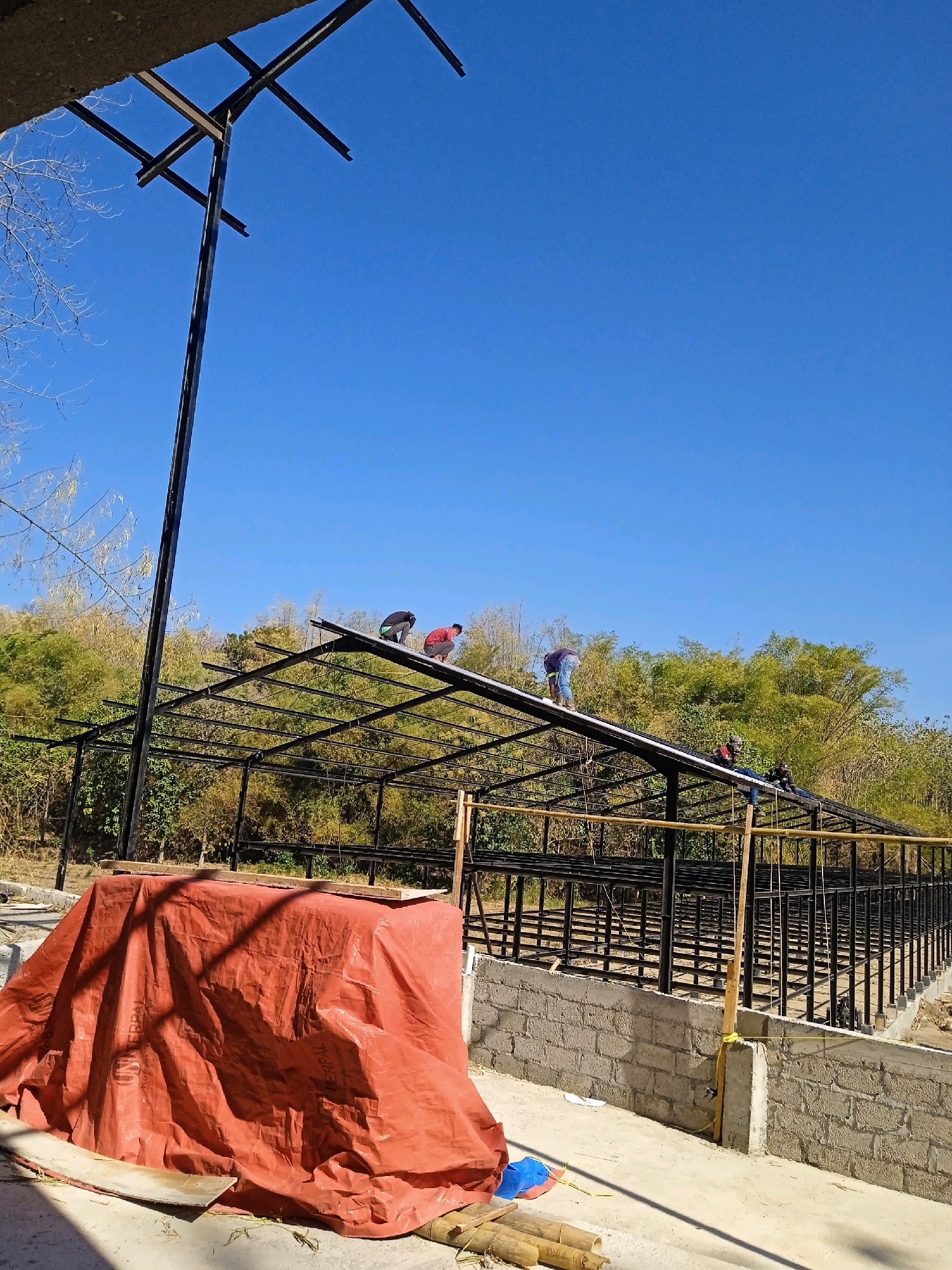 The image depicts a construction site in Jarak, Indonesia, where workers are assembling a metal frame structure, possibly for a building or agricultural use. The foreground shows a large, orange tarp covering an unknown object, with bamboo poles and wooden planks nearby. The main focus is the partially constructed, black metal frame of a long, rectangular building. Several workers are visible on top of the metal frame, engaged in construction activities. The structure is situated on a concrete foundation supported by brick walls. The background reveals a lush, green environment with trees and bamboo, suggesting a rural or semi-rural setting. The sky is a clear, bright blue. The overall scene conveys an active construction project in progress under daylight conditions.
