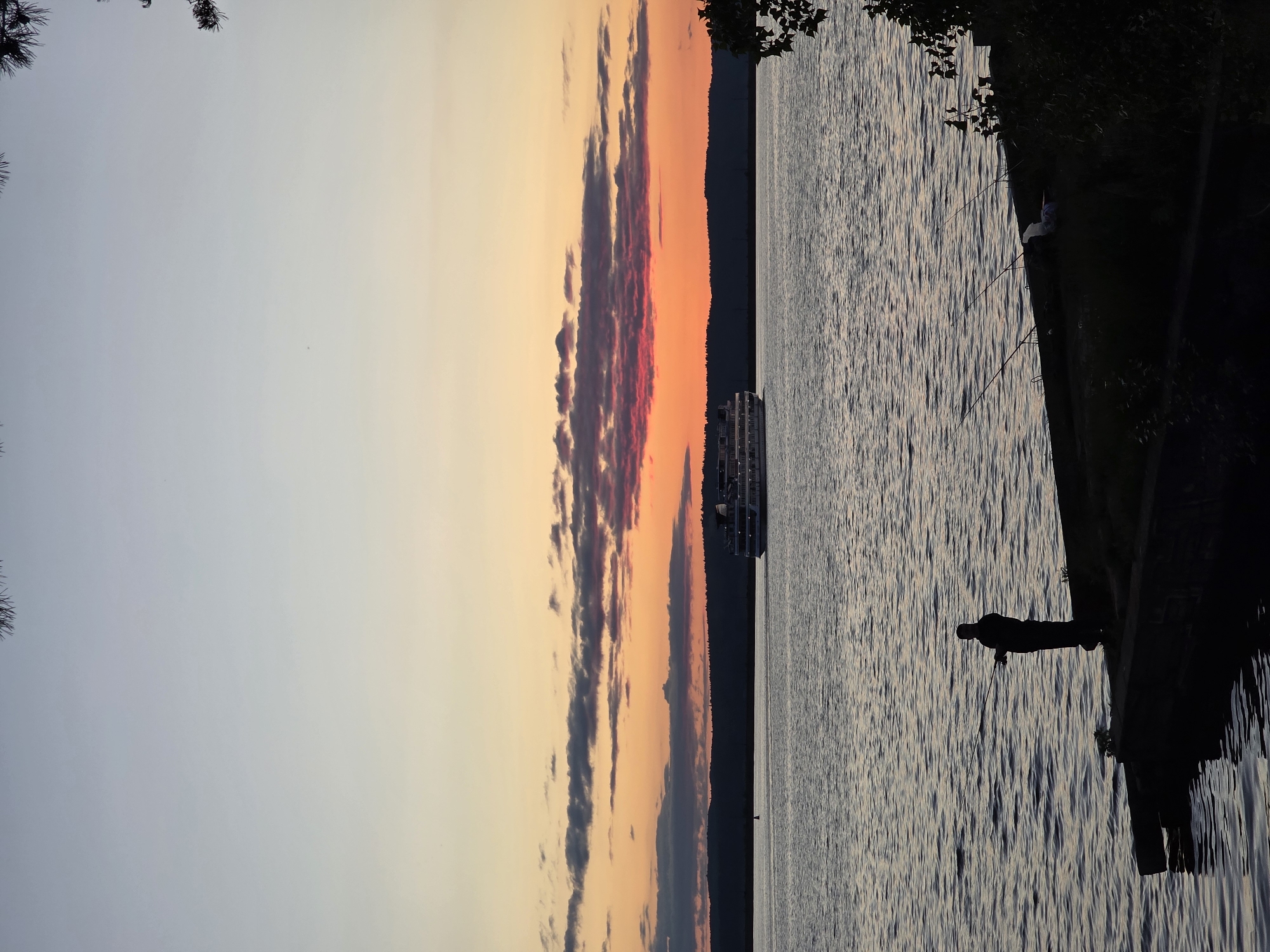 The image captures a tranquil twilight scene over a large body of water, likely the Kama River or Votkinsk Reservoir in Chaikovsky, Russia. The sky presents a striking gradient, transitioning from a pale blue on the left to vivid oranges, reds, and pinks on the right, indicative of either sunset or sunrise. Several dark, elongated clouds are silhouetted against the vibrant colors of the sky.
Below the colorful horizon, a distant landmass, possibly a forested shoreline or hills, appears as a dark silhouette. On the water near this distant shore, a multi-decked passenger boat or cruise ship is visible, also in silhouette. The water surface is calm, covered with subtle ripples that reflect the soft, muted light of the sky, creating a textured, silvery appearance.
In the right foreground, a dark bank or pier extends into the water. A lone individual stands on this structure, silhouetted against the water, actively engaged in fishing with a rod extending into the water. Dark tree branches, with distinct pine needles on the upper left and leafy foliage on the upper right, frame the scene, enhancing the overall silhouette effect. The entire scene evokes a sense of peace and contemplation. There is no visible text in the image.
