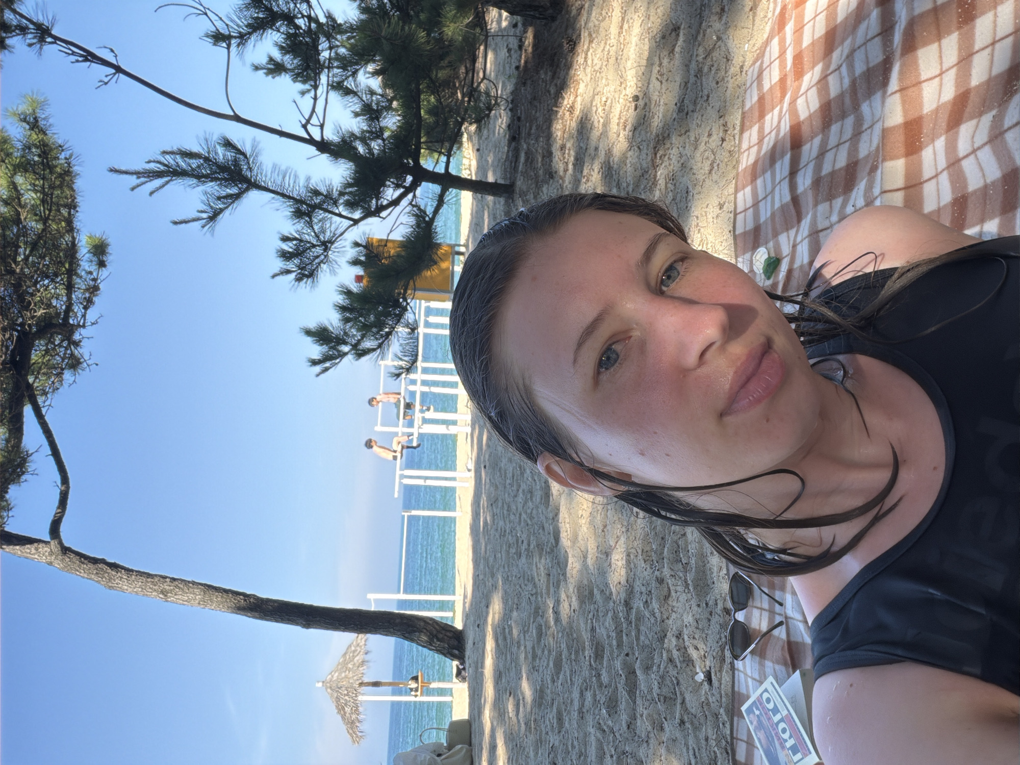 A woman with wet hair is taking a selfie on a sandy beach. She is wearing a black swimsuit and is sitting on a plaid blanket. In the background, there are trees, a thatched umbrella, the ocean, and two people sitting on a white structure by the water. The scene is illuminated by bright sunlight.