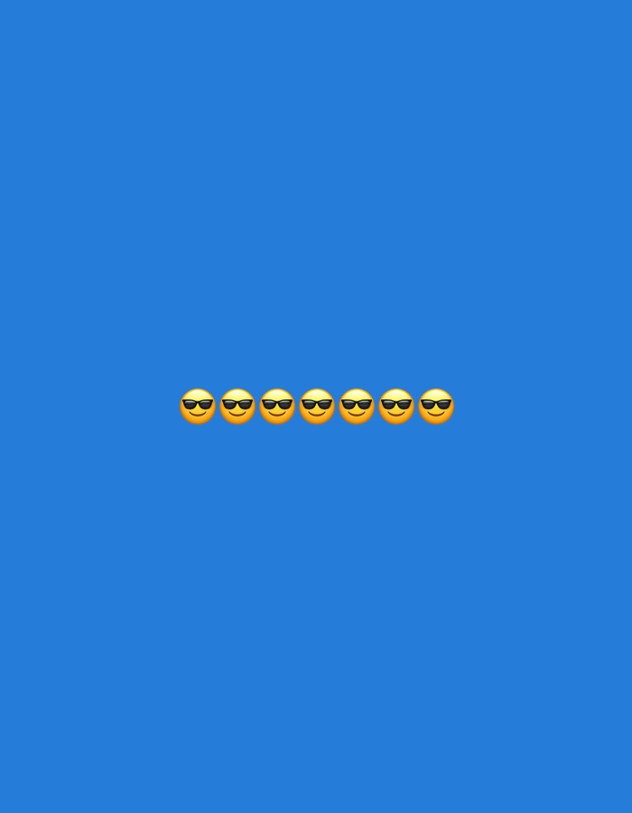 The image shows a row of seven yellow smiley face emojis wearing black sunglasses. They are arranged horizontally in the center of a solid blue background. There is no indication of the city of Liège, Belgium, in the image.