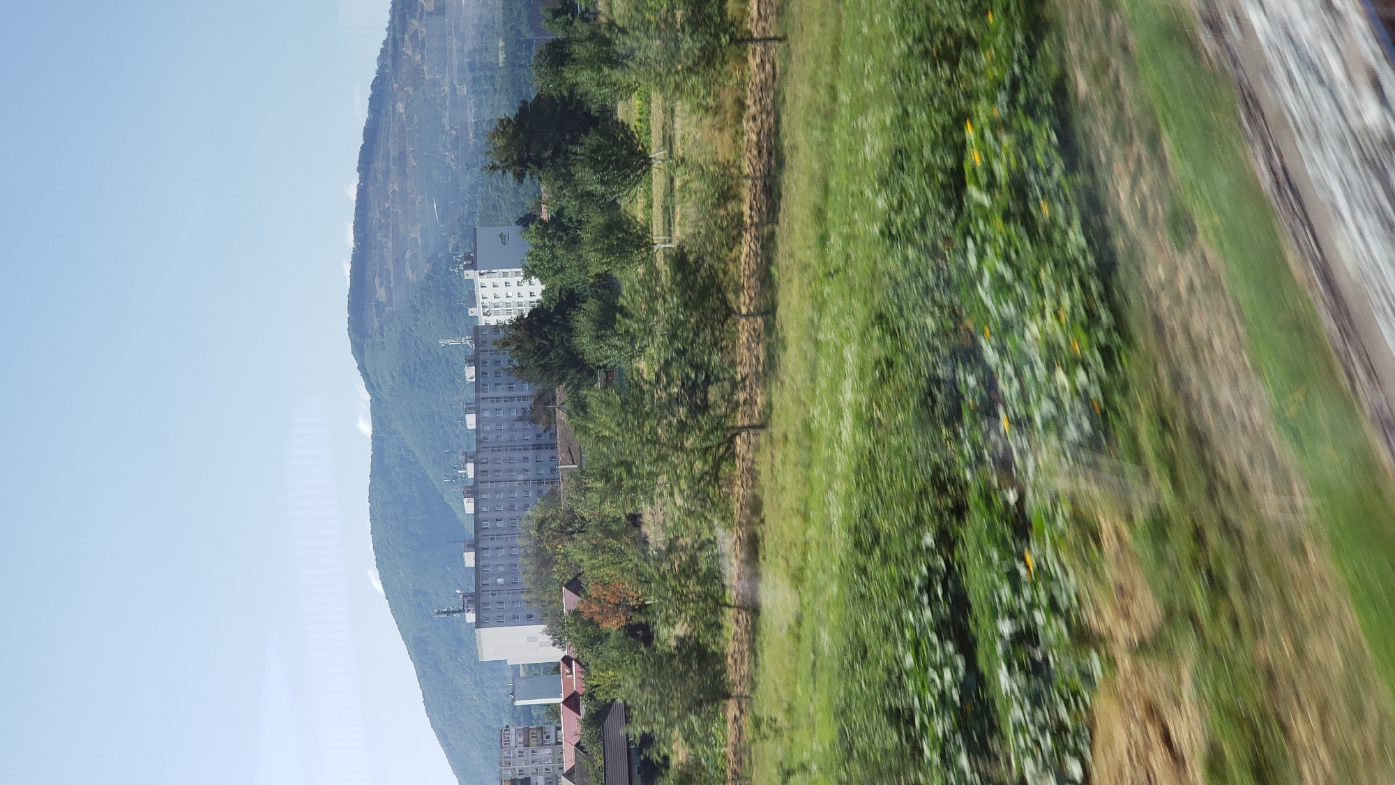 The image shows a panorama of the city of Beluša, Slovakia. In the background, a large, green, tree-covered mountain range dominates the horizon. Part of the mountain range appears to be a quarry, with exposed rock and machinery visible. In the mid-ground, several large, multi-story apartment buildings are visible, painted in a light color, with many windows. These buildings are surrounded by smaller houses with red roofs and scattered trees. In the foreground, a field of green grass and some crops with yellow flowers can be seen. The image appears to have been taken from a moving vehicle, as indicated by the motion blur in the foreground and mid-ground. The sky is clear and blue.