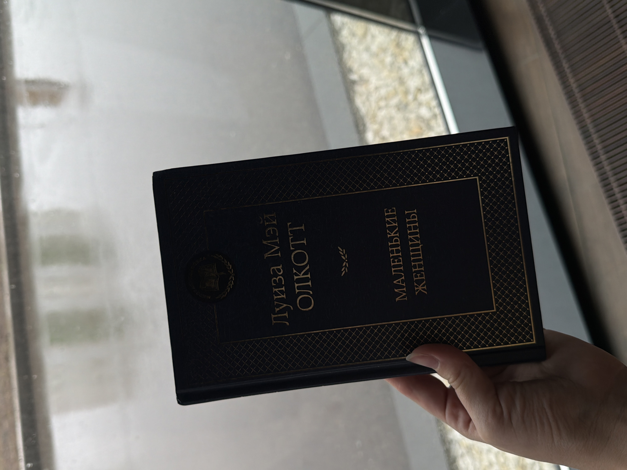 A hand holds a copy of Louisa May Alcott's "Little Women," titled in Russian, in front of a window. The location is Izhevsk, Russia, as evidenced by the Cyrillic title on the book. The background shows a blurred outdoor view, possibly on a overcast day.