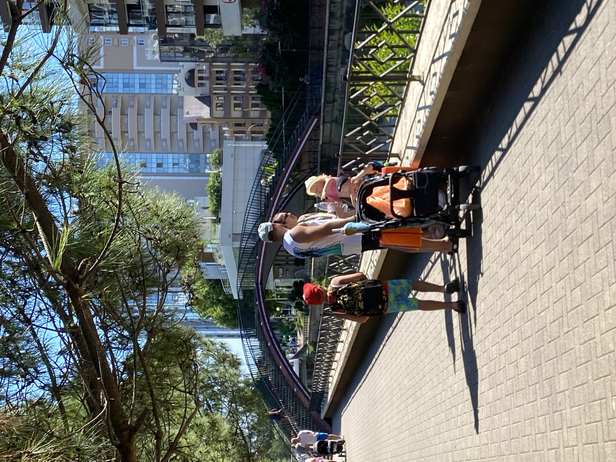 The image depicts a sunny day scene in Sochi, Russia, likely late morning or early afternoon given the strong shadows. The focus is on a paved walkway alongside a body of water, possibly a canal or river, with a bridge arching over it in the background.
In the foreground, several people are visible. A person wearing a white cap, a tank top, and shorts is standing next to a stroller. To their right, another person is pushing a stroller, with a child wearing a straw hat and pink top sitting in it. Further down the walkway, a young person with a red hat and patterned shorts is walking with another person in the background. There are also glimpses of other people and strollers further down the path. The overall atmosphere appears relaxed and casual, suggesting a leisurely stroll or outing.
The background reveals modern buildings with reflective windows, indicating an urban or resort setting. Lush green trees and foliage are scattered throughout the scene, adding to the pleasant outdoor ambiance. The architecture suggests a contemporary cityscape. The sunlight creates sharp, elongated shadows on the tiled walkway, emphasizing the time of day and clear weather conditions. No visible text is present in the image.