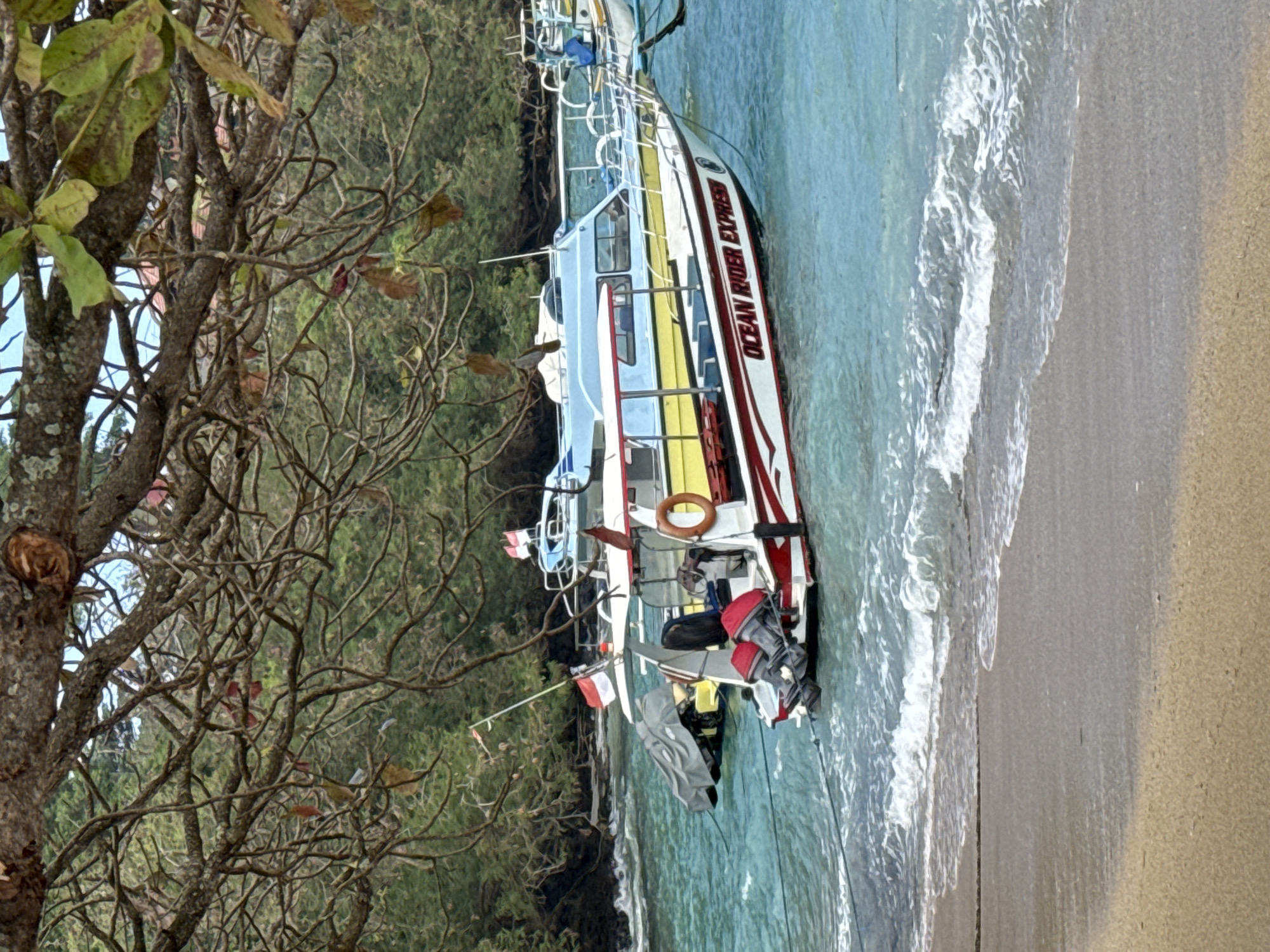 The image depicts a tropical beach scene in Manggis, Indonesia, characterized by clear turquoise waters and a sandy shore. In the foreground, gentle waves lap at the beach, with a rope or mooring line partially submerged in the water. Two boats are anchored offshore. The closer boat is a speed boat named "Ocean Rider Express," painted white with red and yellow accents, featuring two outboard motors at the stern. It is adorned with a red flag and an Indonesian flag. A life preserver ring is visible on its side. Behind it, another boat, mostly obscured, is also anchored. The background reveals a lush, green treeline along the coastline, suggesting a natural, undeveloped area. The scene is framed by the branches and leaves of a large tree in the upper portion of the image. The lighting suggests it is daytime, possibly late morning or early afternoon. There are no people visible in the image.
