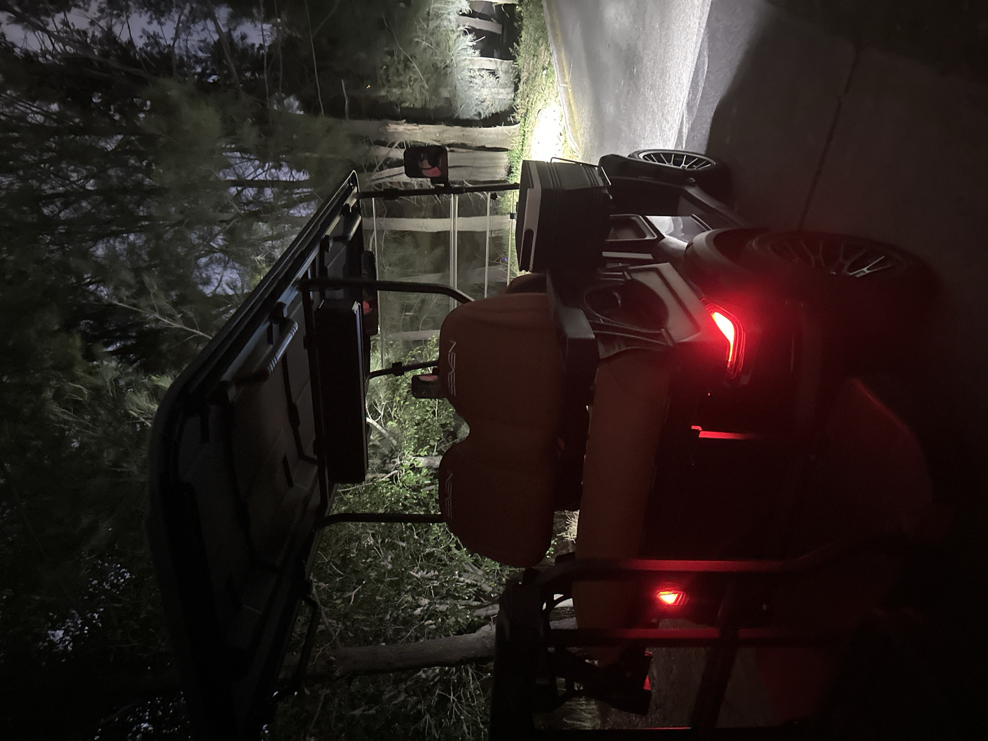 A golf cart is parked on a paved road at night. Trees and foliage surround the area, with some visible under streetlights. The golf cart has illuminated taillights and headlights. The location is San Bernardino Tlaxcalancingo, Mexico.