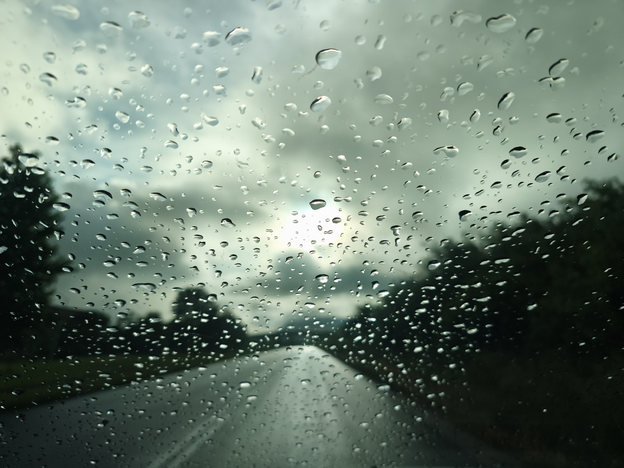 The image captures a view from inside a vehicle, looking out through a rain-covered windshield. The immediate foreground is dominated by countless water droplets adhering to the glass, varying in size and shape. These droplets refract the light, creating shimmering highlights and slightly distorting the blurred scene beyond.
Through the rain-streaked glass, a road stretches ahead, appearing wet and dark, indicating recent or ongoing precipitation. Trees with dense, dark green foliage line both sides of the road, forming a natural corridor that recedes into the soft focus of the background. The scene suggests a journey through a rural or wooded area.
Above the tree line, the sky is heavily overcast with a mass of grey clouds. A distinct bright spot is visible in the upper-middle part of the sky, where the sun appears to be attempting to break through the cloud cover, casting a soft, diffuse light over the landscape. This indicates it is daytime. The overall atmosphere is quiet and subdued, characteristic of a rainy or post-rain period. There are no people visible, and no discernible text appears in the image.