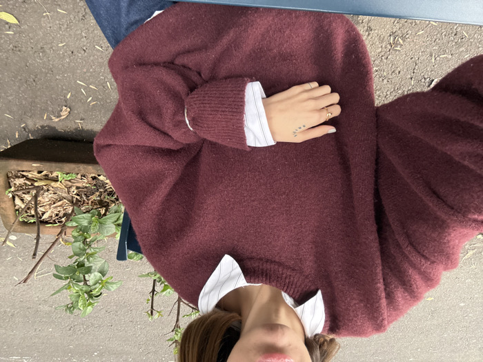 A burgundy, oversized sweater is the focal point of the image. A white, striped shirt is visible beneath the sweater's collar and cuffs. The person wearing the sweater has rings on their hand, and a small tattoo is visible. The person is seated next to a planter containing foliage. Pavement surrounds the planter and the individual. The composition is presented from a slightly overhead perspective.