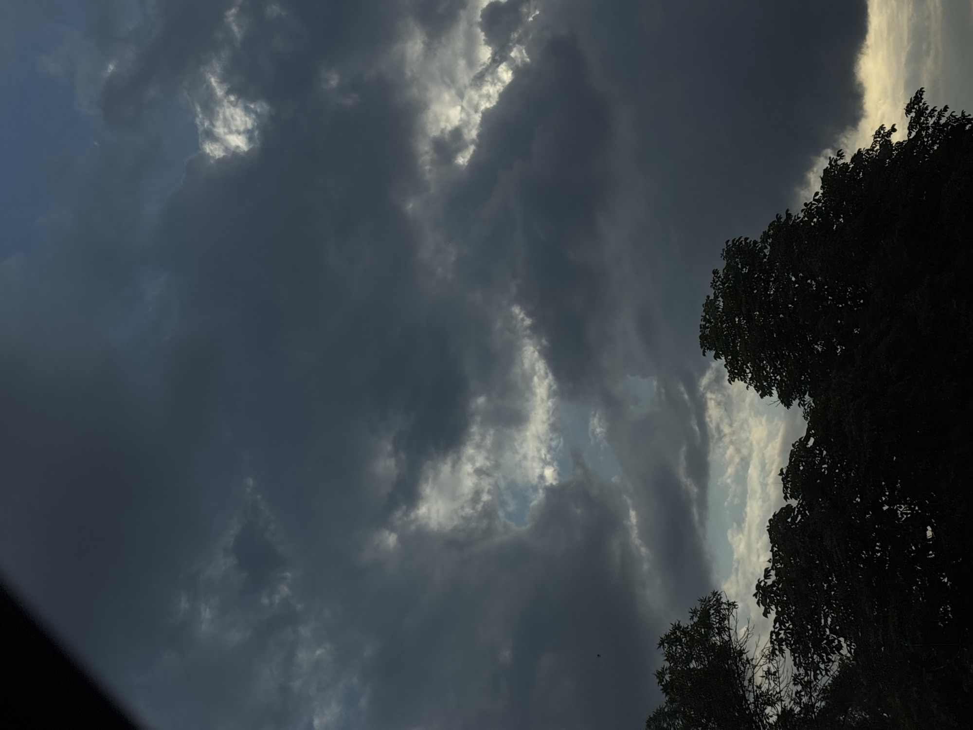 The image captures a dramatic sky filled with dark, heavy clouds. A patch of lighter clouds and blue sky peeks through the gloom in the upper center of the frame. Silhouetted trees with dense foliage form a dark band across the bottom of the image, obscuring any ground-level details. The overall mood is somber and atmospheric, suggesting an impending storm or the aftermath of one. The location is identified as Unknown, Unknown.