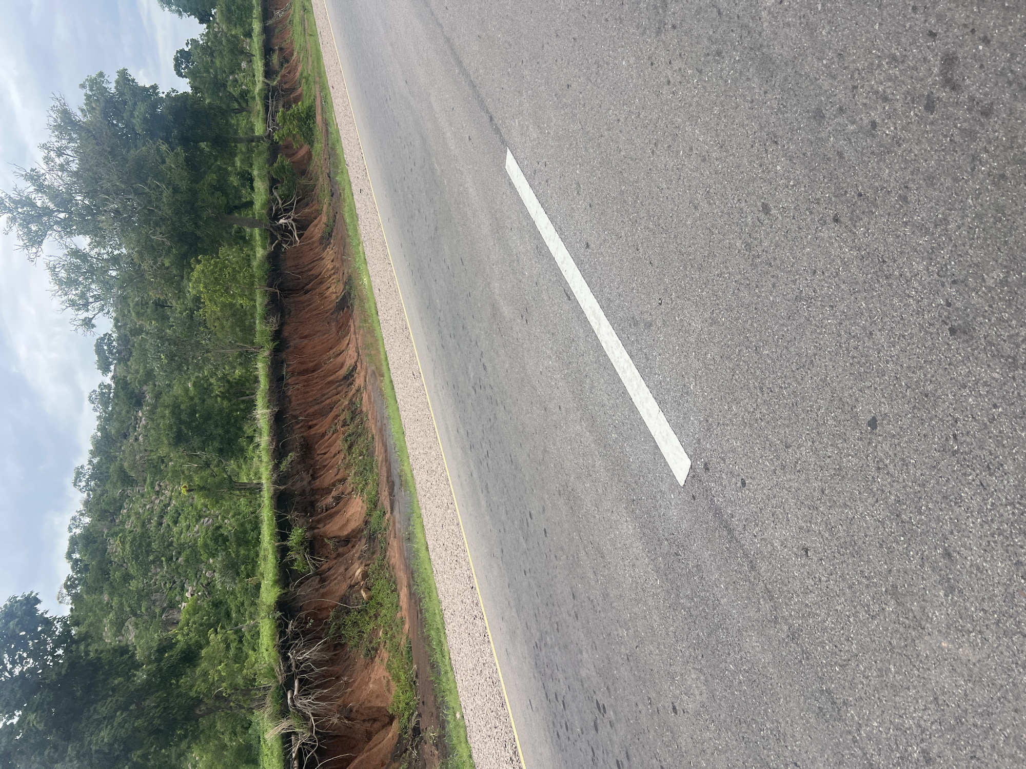 The image depicts a roadside scene in Minda, Nigeria, with a focus on the asphalt road and the natural environment bordering it. The road itself is paved with grey asphalt and features a white lane marking. To the left of the road, there is a distinct embankment with exposed reddish-brown soil, indicating erosion. This eroded area is bordered by a strip of gravel and then a dense growth of green vegetation, including trees and bushes. The trees are lush and appear to be native to the region, with some exhibiting exposed roots due to the soil erosion. The overall impression is one of a rural or semi-rural setting, possibly a highway or main road passing through a vegetated area. The sky appears overcast or partly cloudy, suggesting it could be daytime, though the specific time is not clearly discernible. There are no people or vehicles visible in the image. The scene conveys a sense of the natural landscape of Minda, Nigeria, highlighting the interaction between man-made infrastructure and the environment.