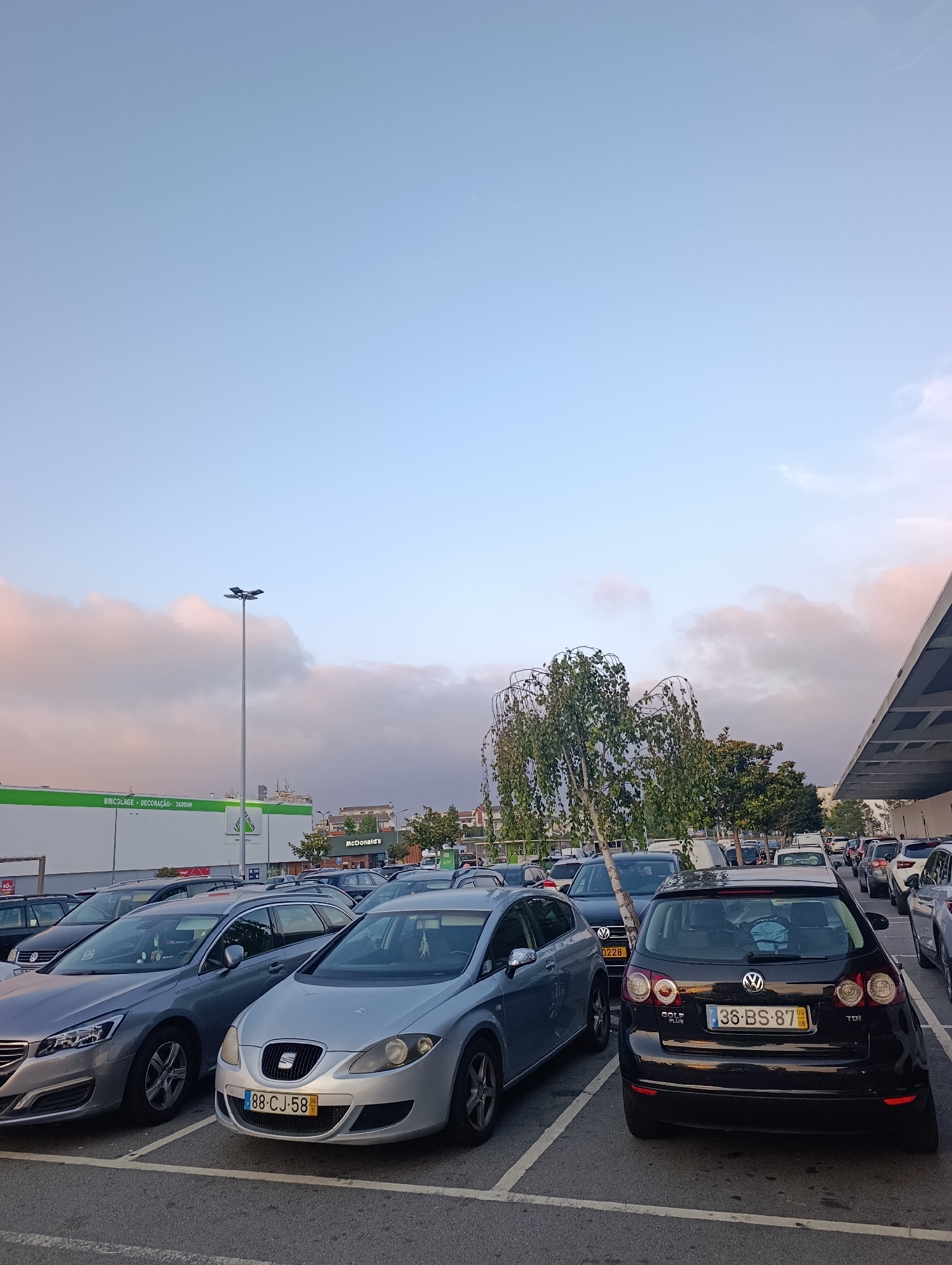The image depicts a parking lot with several cars, a store, and a McDonald's sign. The sky is light blue with some wispy pink clouds. In the foreground, there are several cars parked, including a silver Volkswagen Golf Plus with license plate 36-BS-87. To its left is a silver Seat Leon with license plate 88-CJ-58. Further to the left, a grey Peugeot 508 is parked. In the background, a long white building with green trim has signage that reads "BRICOLAGE DECORAÇÃO JARDIM" and "LER MERLIN." A McDonald's restaurant is visible to the right of the Lero Merlin store. There is a tall lamp post in the middle ground. Trees are scattered throughout the scene, with one particularly tall, thin tree with drooping branches located behind the Seat Leon. The scene appears to be outdoors in a commercial area during the day, likely late afternoon given the lighting and cloud colors. This location is identified as the parking lot of the Lero Merlin store in Santa Maria da Feira, Portugal.