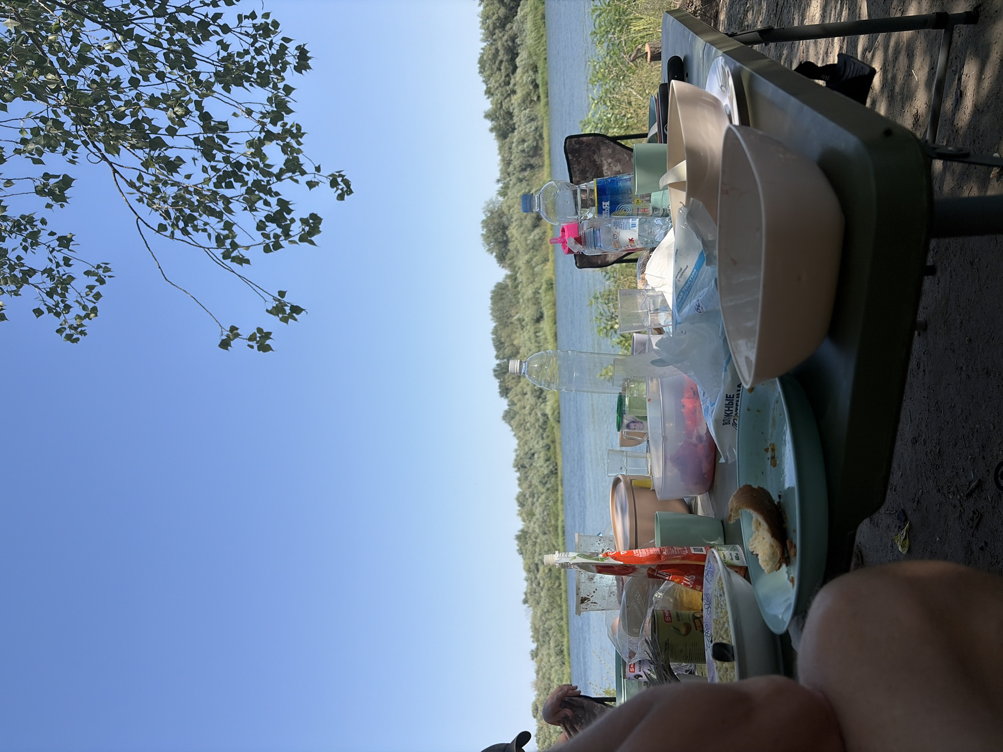 A group of people are having a picnic by a river. The table is set with food and drinks, and there are chairs for people to sit on. The river is wide and calm, with trees on the other side. The sky is clear and blue. The image is taken from a low angle, looking up at the table and the people. The overall impression is one of a relaxed and enjoyable outdoor gathering.
