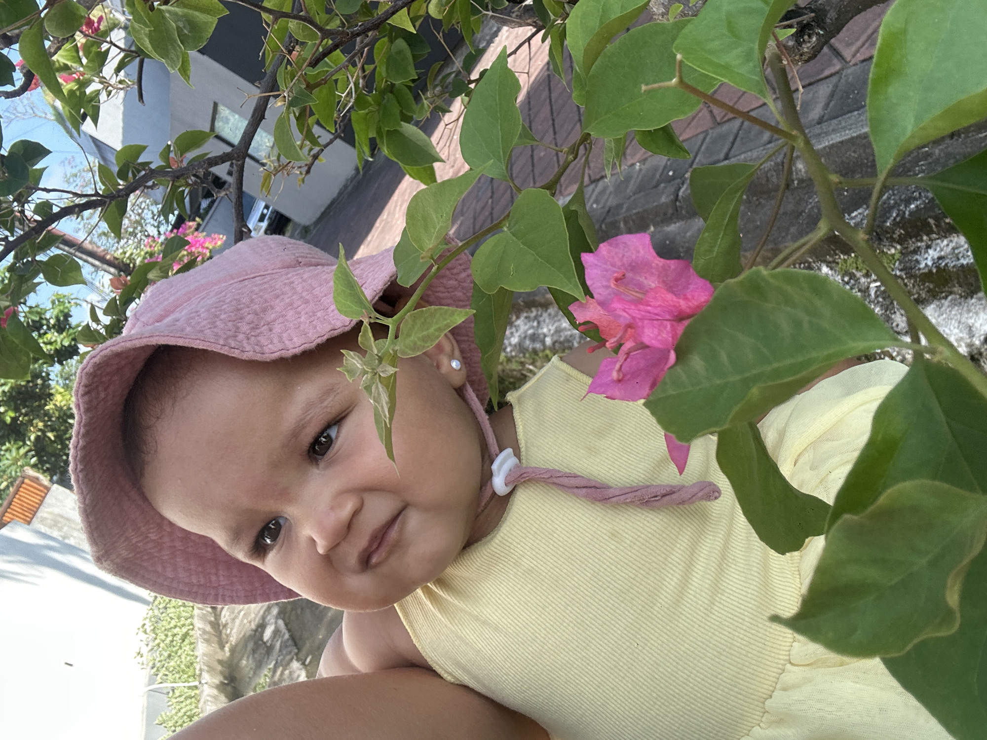 A baby wearing a pink hat and yellow dress is positioned beneath a bougainvillea plant with pink flowers and green leaves. The setting appears to be outdoors, evidenced by the natural lighting, plants, and partial view of buildings in the background. The location is North Kuta, Indonesia.