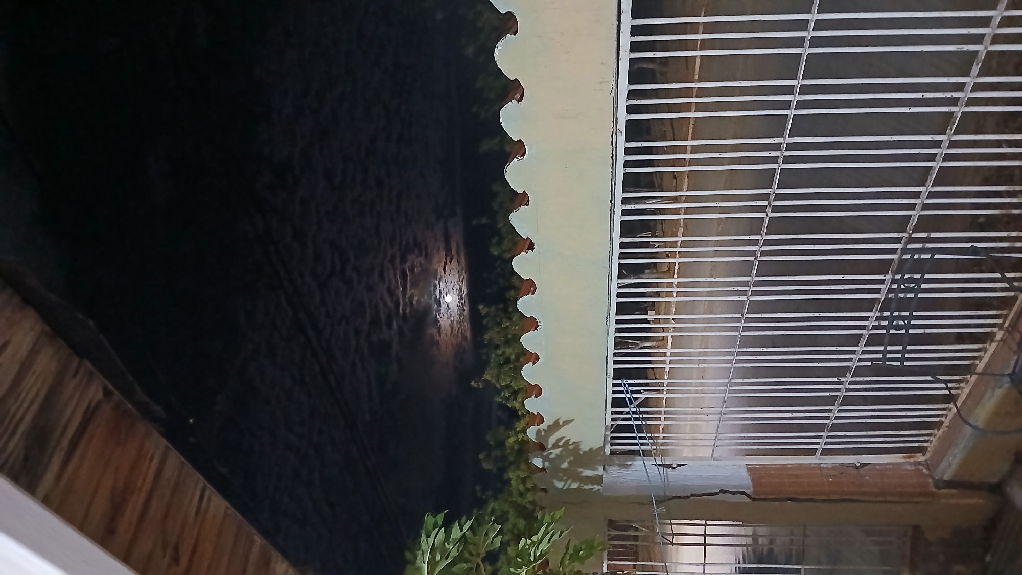 The image, taken at night in what is likely Juan Griego, Venezuela, shows an exterior scene viewed from an elevated position, such as a balcony or upper floor window.
The left of the frame is dominated by a dark, cloudy night sky with the moon faintly visible through the clouds. Part of a building's roof is seen on the extreme left corner.
A building's scalloped roofline runs horizontally across the upper middle of the image, dividing the sky from a lower area showing part of the building.
To the right of the scalloped roofline is a white metal railing or gate structure consisting of horizontal bars.
Below the railing, the scene reveals more of the building. There's a section of brick wall and what appears to be an open or partially open window with bars. Some greenery is visible near the bottom.
The overall impression is a night view from a building in Juan Griego.