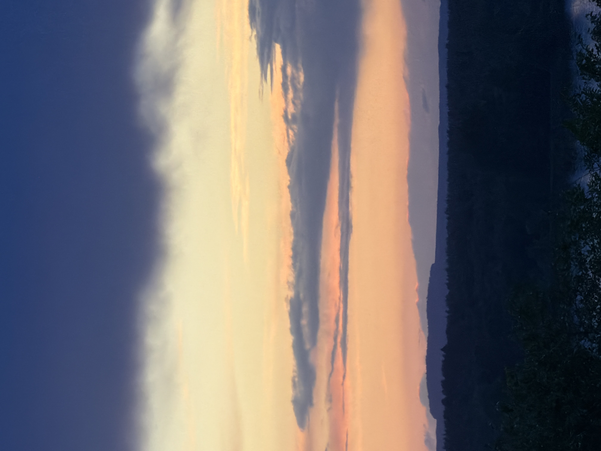 The image depicts a landscape at sunset in Chaikovsky, Russia. A dark blue sky occupies the left side of the image, transitioning into lighter shades of yellow and orange towards the center, where the sun is setting. Dark, elongated cloud formations vertically bisect the frame. On the right, a silhouetted forested area extends to the edge of the frame, with a few visible leaves in the foreground. The overall scene conveys a tranquil, natural setting with the sun setting over a horizon.