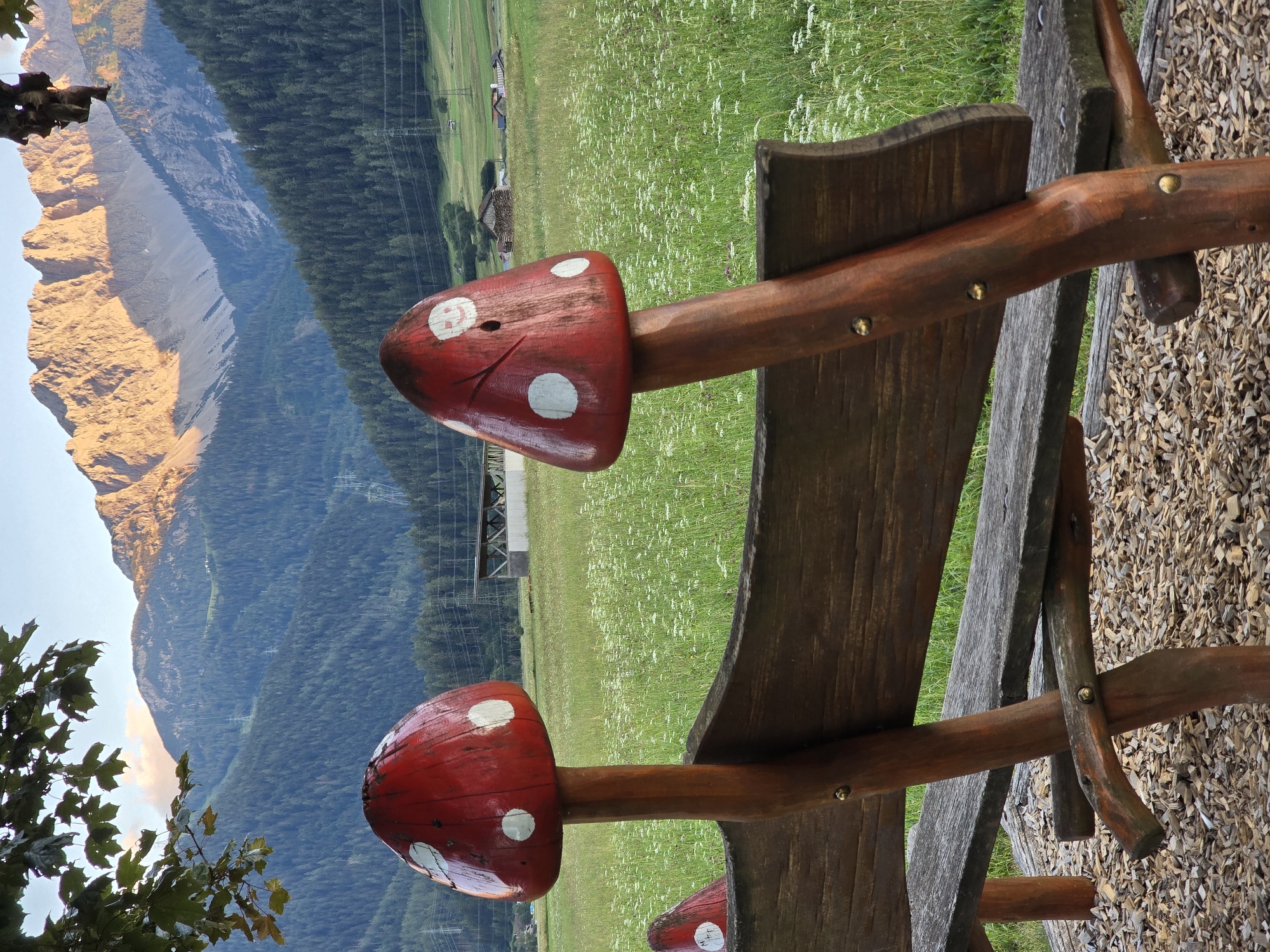 The image depicts a wooden park bench with decorative mushroom-shaped supports in Lermoos, Austria. The bench is situated on a bed of wood chips, with a grassy field dotted with small white flowers stretching out behind it. In the background, a dense forest covers a mountainside, leading up to rugged, sun-kissed peaks. The sky is a clear blue, with a few wispy clouds. The overall scene suggests a peaceful, outdoor recreational area.