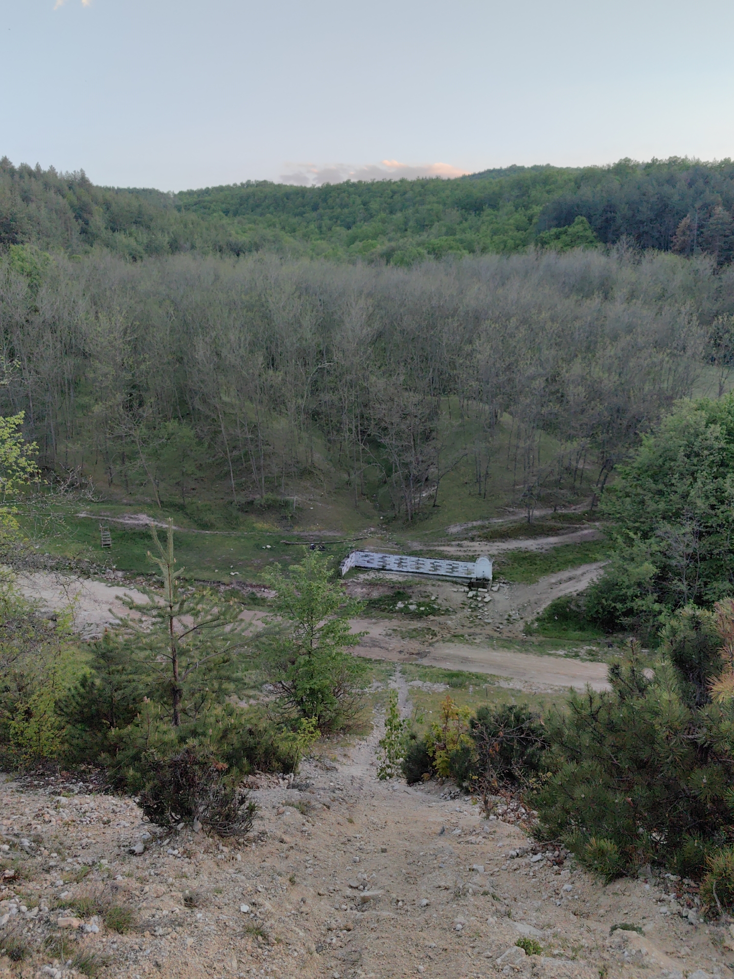 The scene depicts a view of a ravine or small valley in Slatina, Bulgaria. The vantage point is from a high, sandy or gravelly slope looking down towards a small stream or dry streambed. A white bridge or culvert spans the streambed. The landscape consists of mixed deciduous trees, some with leaves and some still bare, typical of early spring. A few small evergreen trees and bushes are visible in the foreground. In the background, a larger area of forest extends up the surrounding slopes. A crude wooden ladder is visible on the hillside to the left of the bridge. The sky is pale and slightly overcast. There are no people visible in the scene.