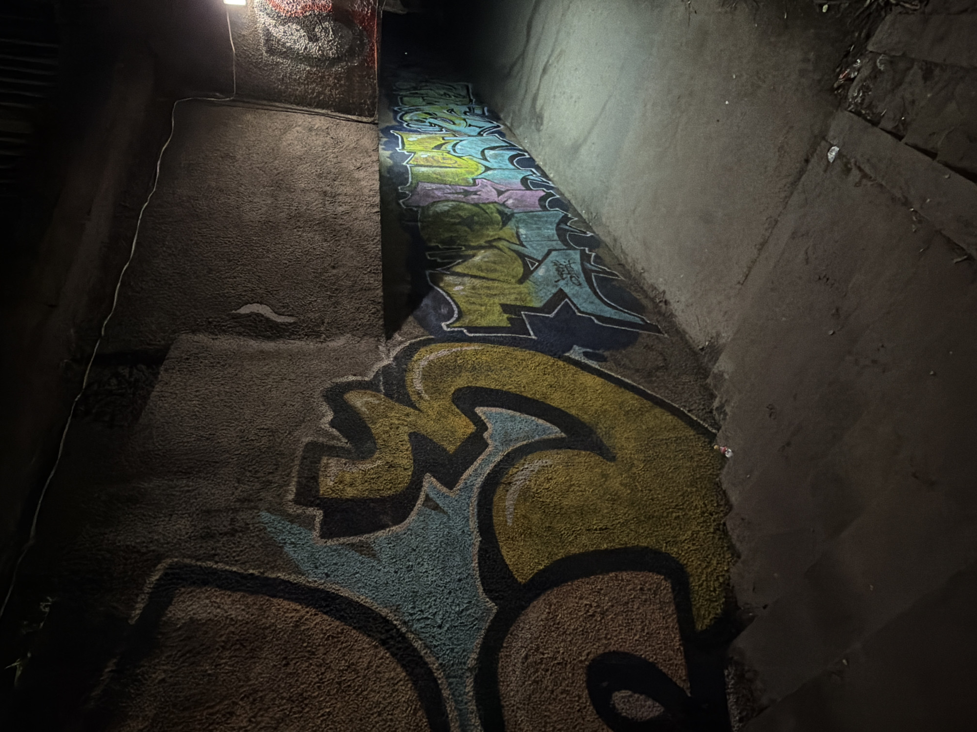 A nighttime view in Tbilisi, Georgia shows a narrow passageway coated in colorful graffiti art. The passageway is defined by rough concrete walls, illuminated by a light at the far end. The graffiti extends across the lower portion of one wall, encompassing a variety of colors and abstract designs. An electrical wire runs along the top of the wall on the left. The scene is dark and gritty.