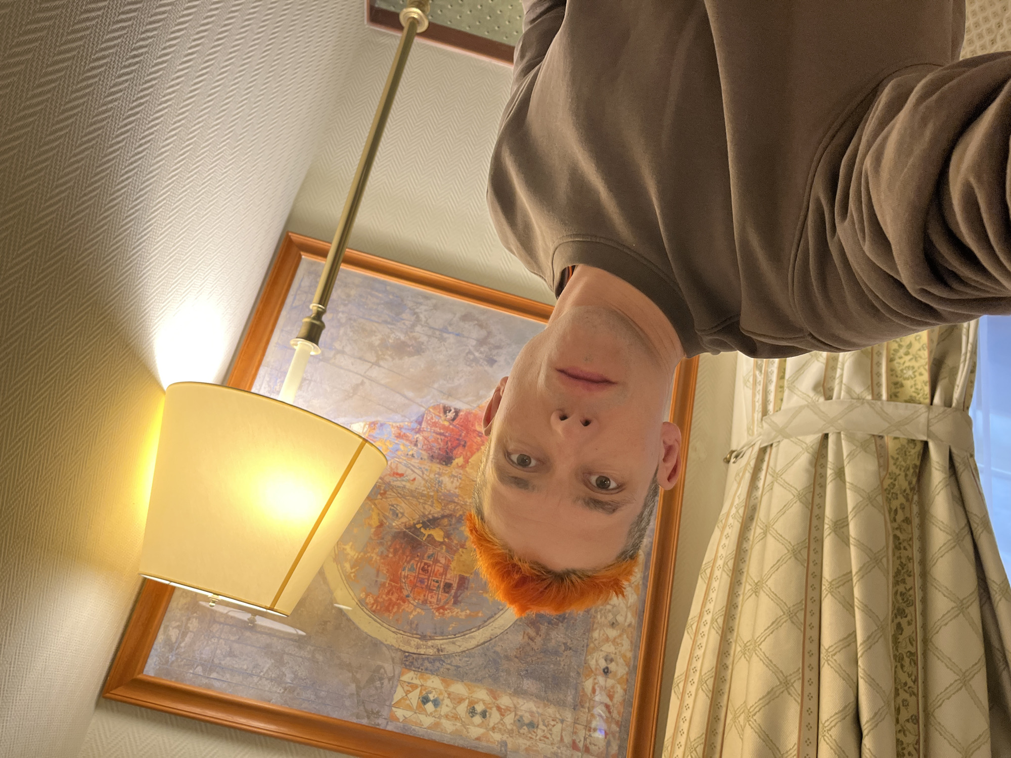 The image shows a man with orange hair looking down at the camera. He is wearing a brown sweatshirt. Behind him is a framed painting, a lamp, textured wallpaper, and a curtain. The location is likely indoors, and the style of the painting and decor suggests a setting in Moscow, Russia, although this is not definitively verifiable from the image.