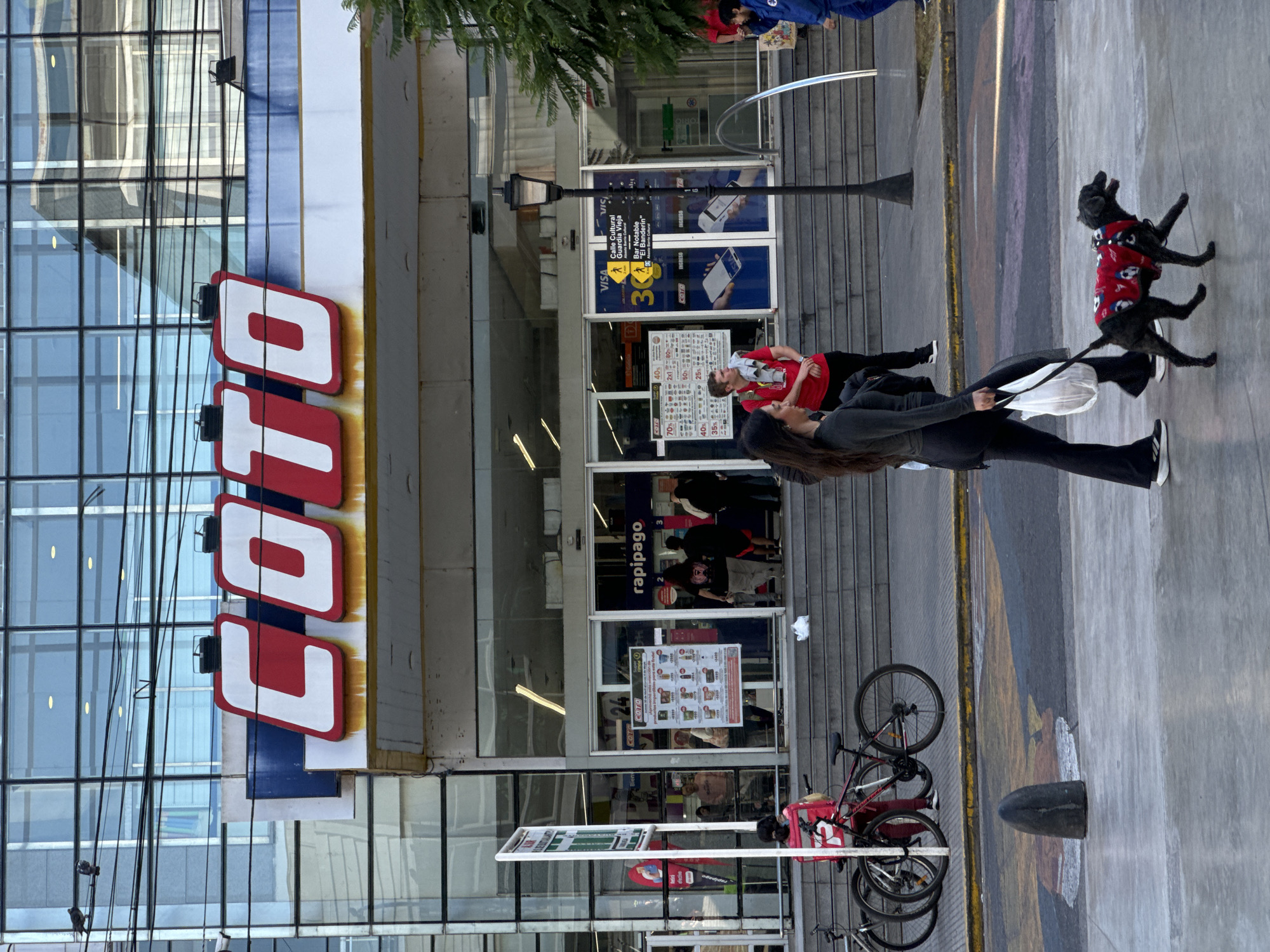 Here is a description of the image:
The image shows the exterior of a "COTO" supermarket. A woman in dark clothing walks two black dogs on leashes. One dog is wearing a red jacket with soccer ball designs. The entrance to "COTO" is visible, with "rapipago" listed above one of the doors, along with signage for "VISA" and "Calle Cultural Guardia Vieja" referring to a nearby attraction, as well as a "Bar Notable" named "El Banderin". There are signs advertising discounts and promotions, including a "24 COTO" sign. Several bicycles are parked in front of the store. People are seen entering and exiting the store. The setting appears to be Buenos Aires, Argentina.