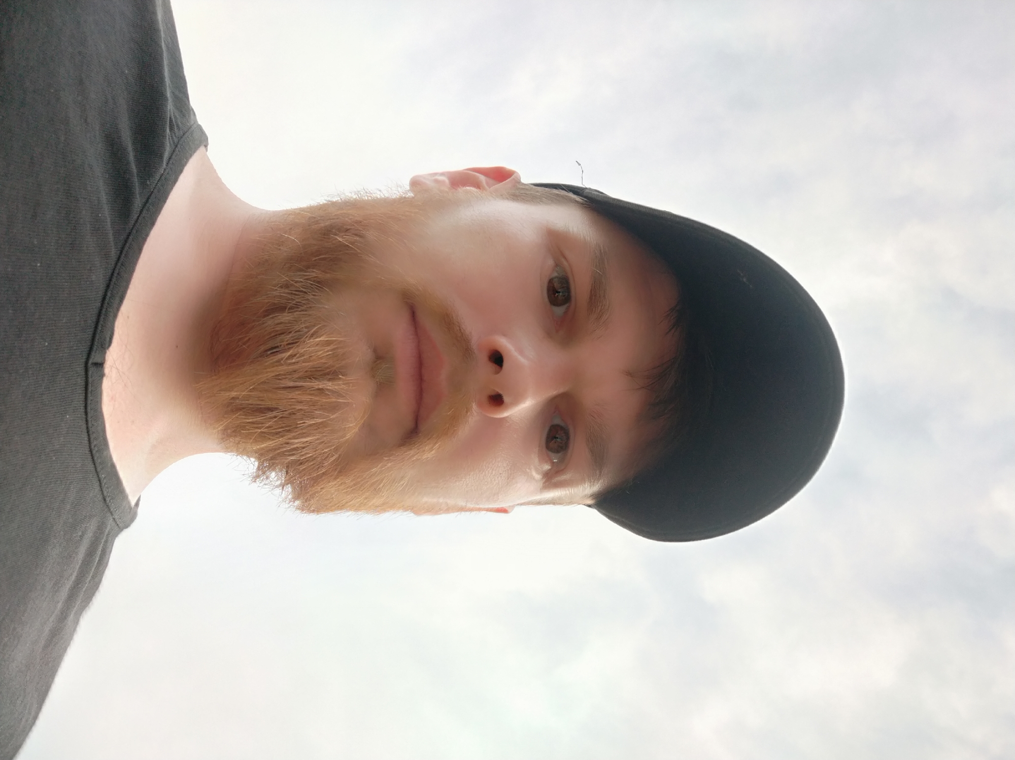 The image is a close-up, low-angle selfie of a person's face and upper torso. The person is wearing a black t-shirt and a black baseball cap. They have a ginger beard and light-colored eyes. The background is a bright, overcast sky with some clouds. The lighting suggests it could be daytime, but the overcast conditions make it difficult to determine the exact time. The person's face is partially obscured by the shadow of the cap, and their expression is neutral. The image is oriented vertically, with the person's head at the bottom and their body extending upwards. There is no visible text in the image.